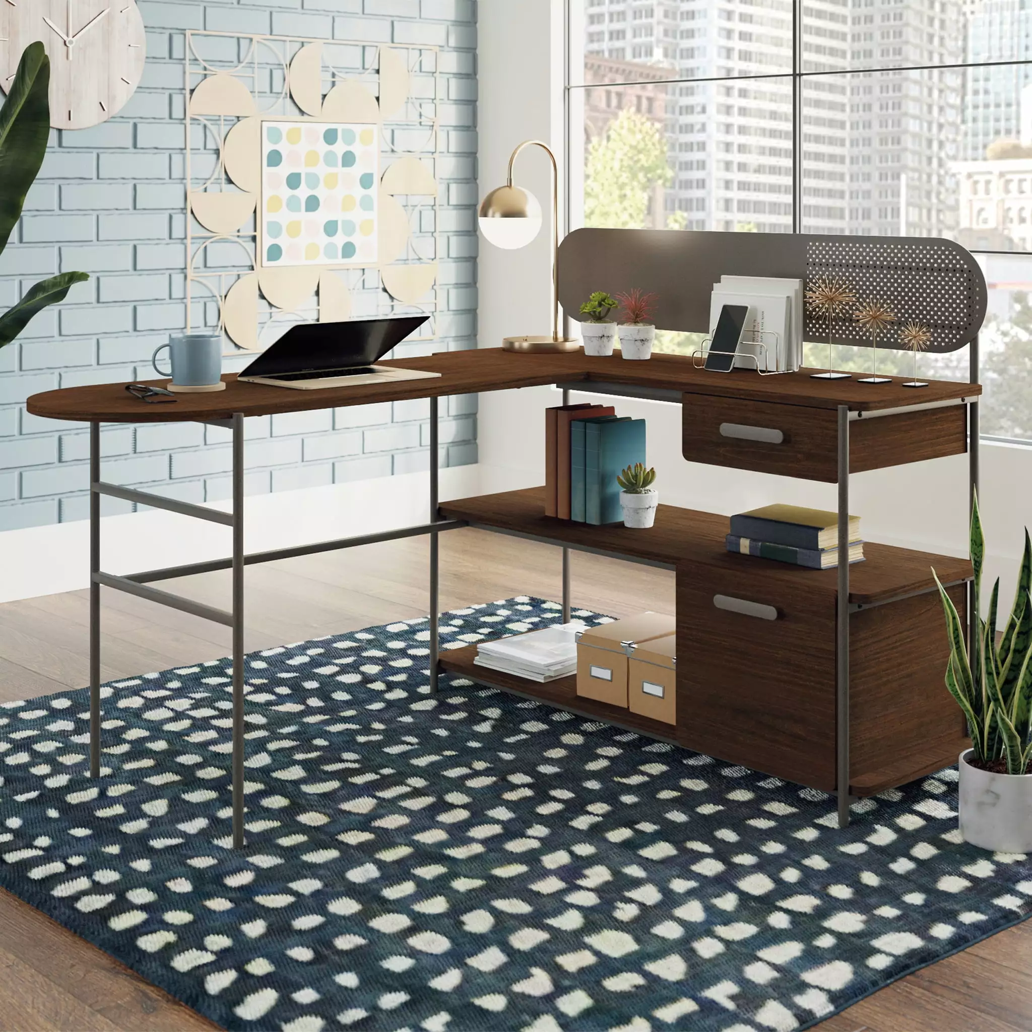 River Street Designs Modern L-Shaped Desk Umber Wood Finish