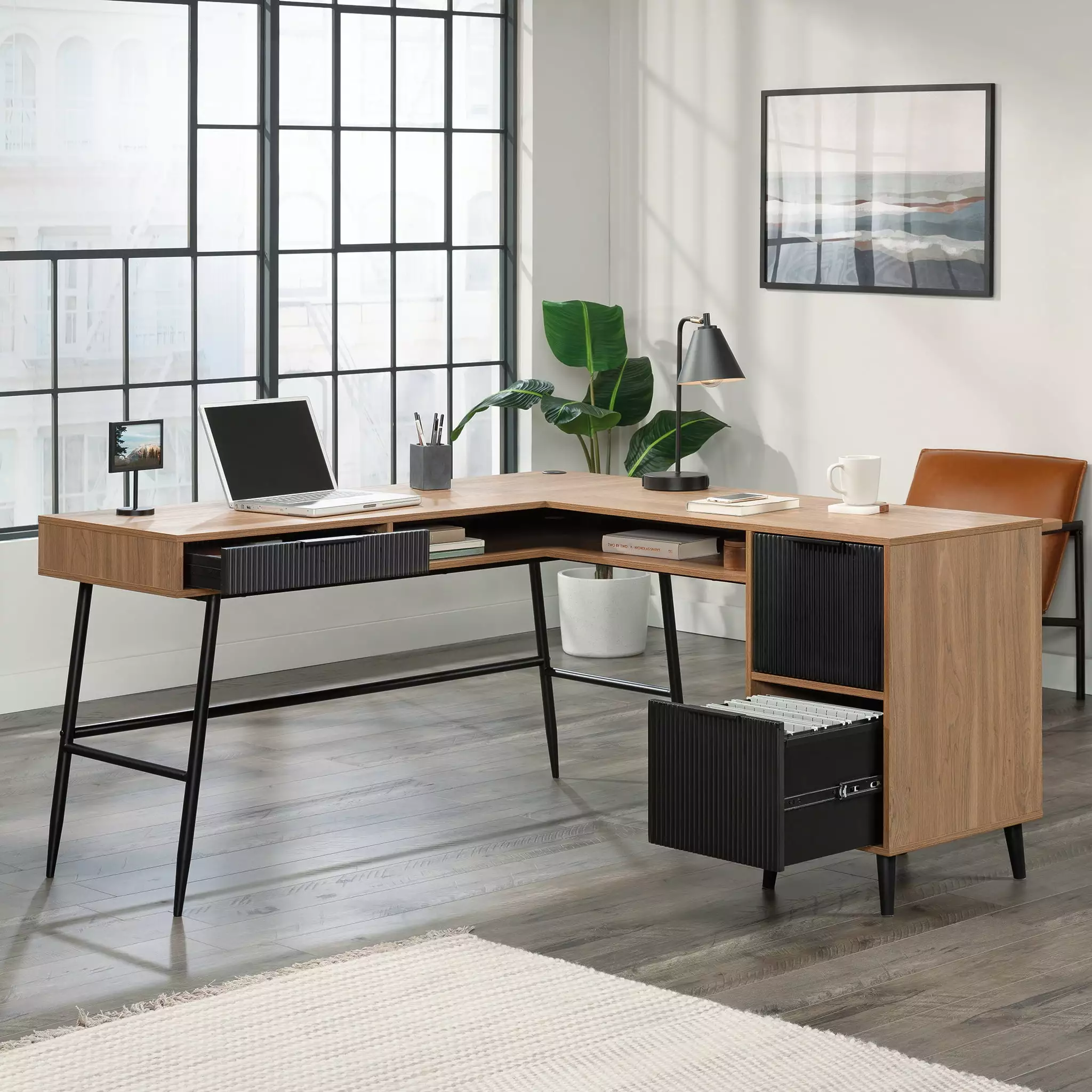Sauder Ambleside Modern L-Shaped Desk Serene Walnut Finish