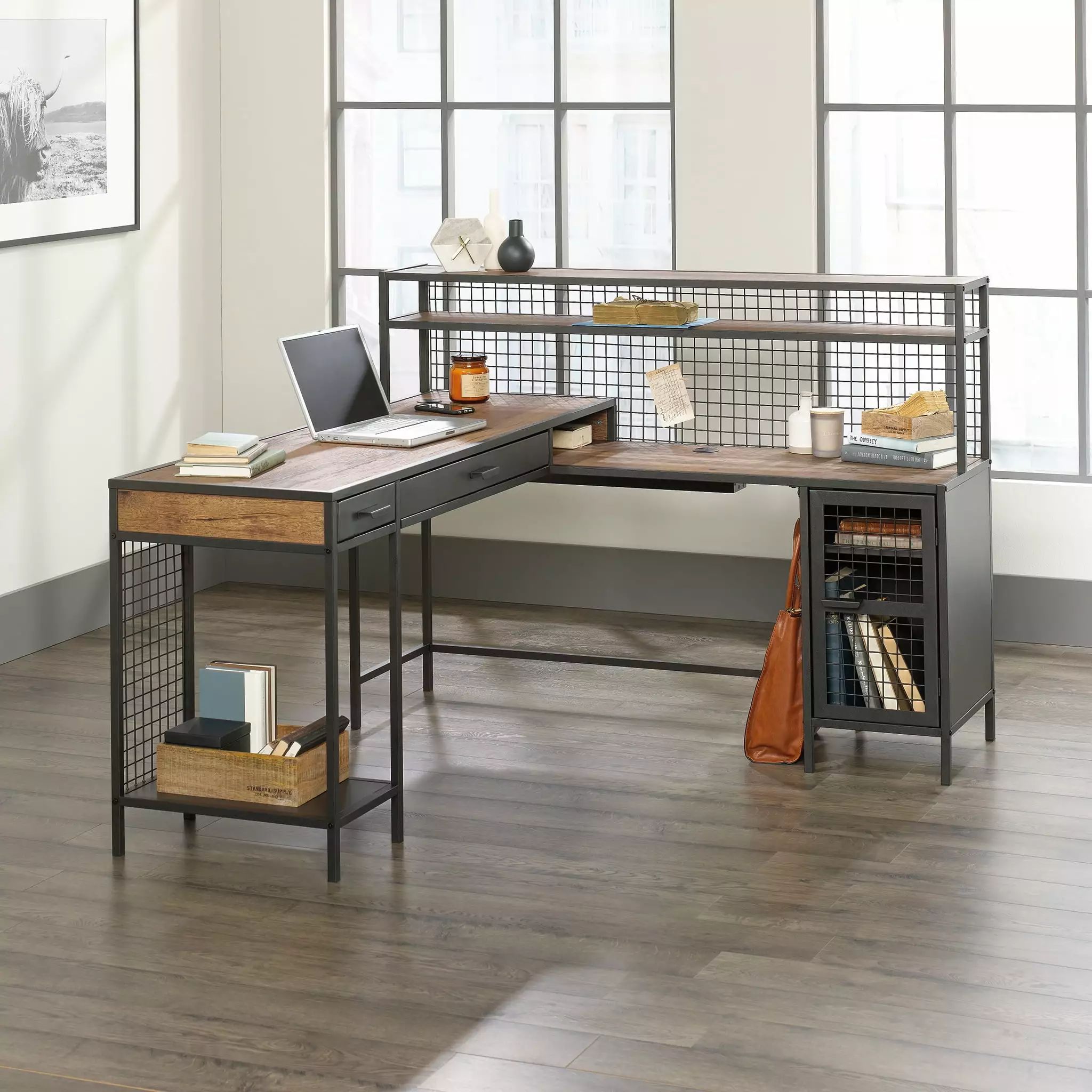 Sauder Boulevard Cafe L-Shaped Desk Vintage Oak Finish Office