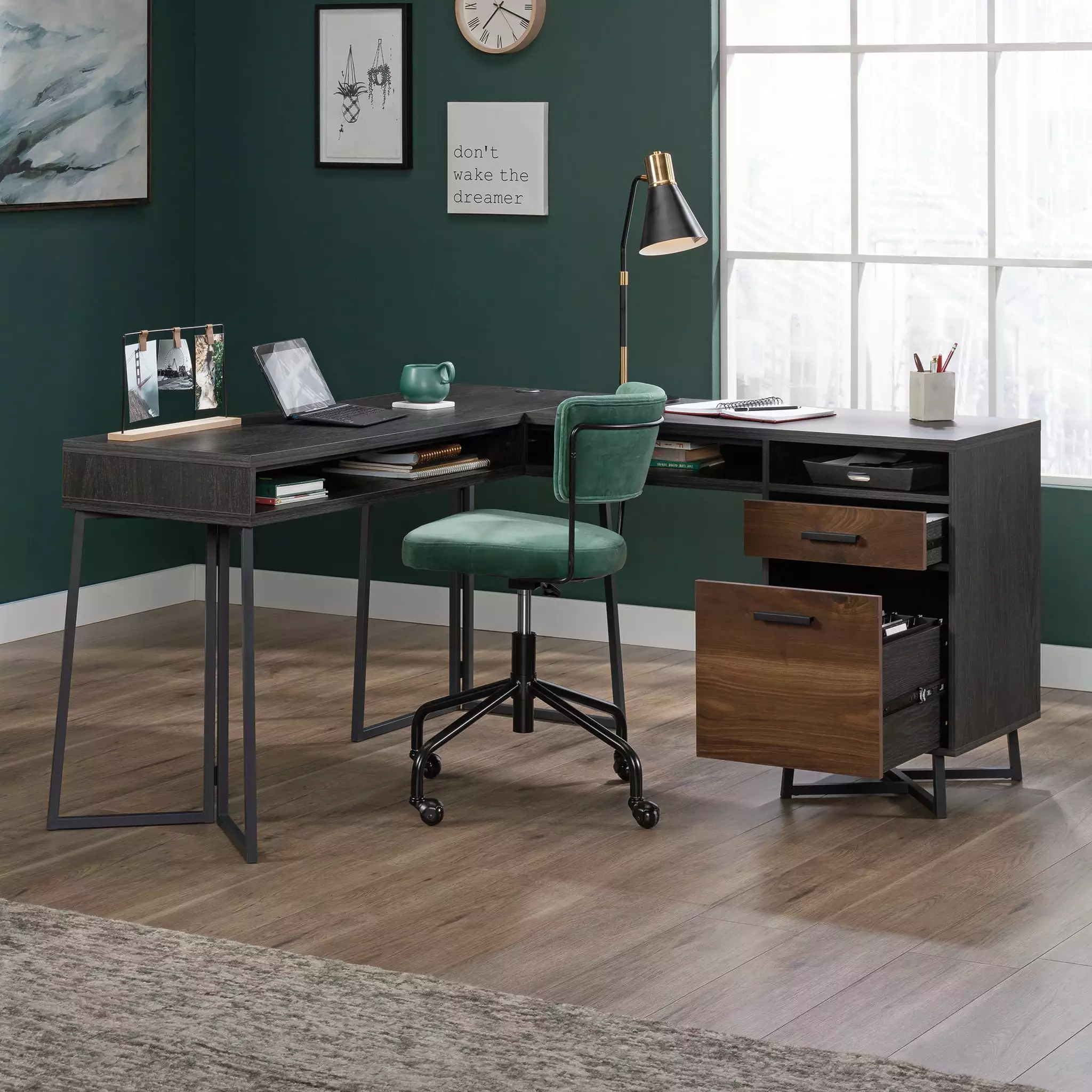 Sauder Canton Lane L-Shaped Computer Desk Brew Oak Finish - Space-Saving Office Desk