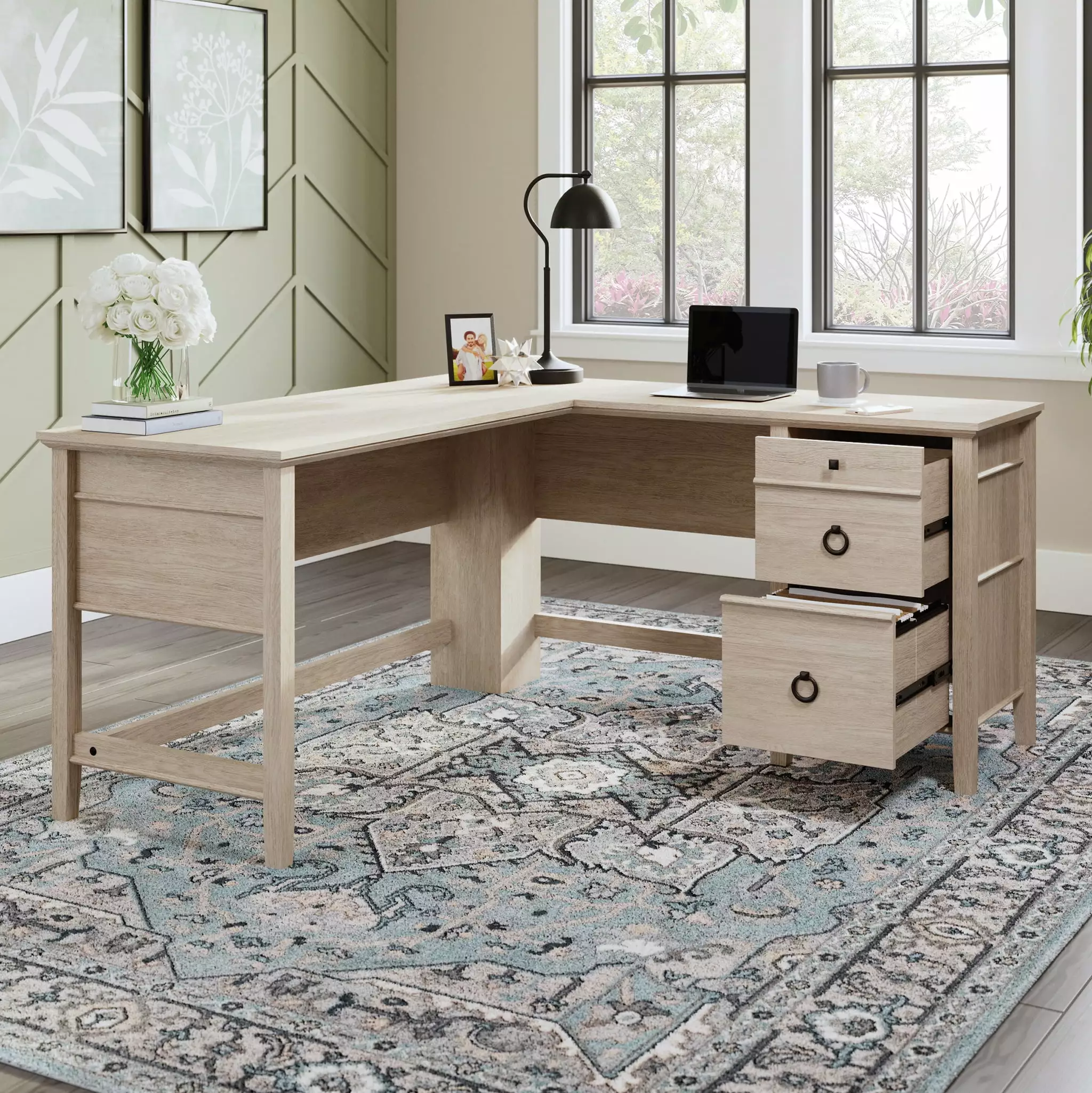 Sauder East Adara L-Shaped Computer Desk Cascade Oak Finish Home Office Workstation