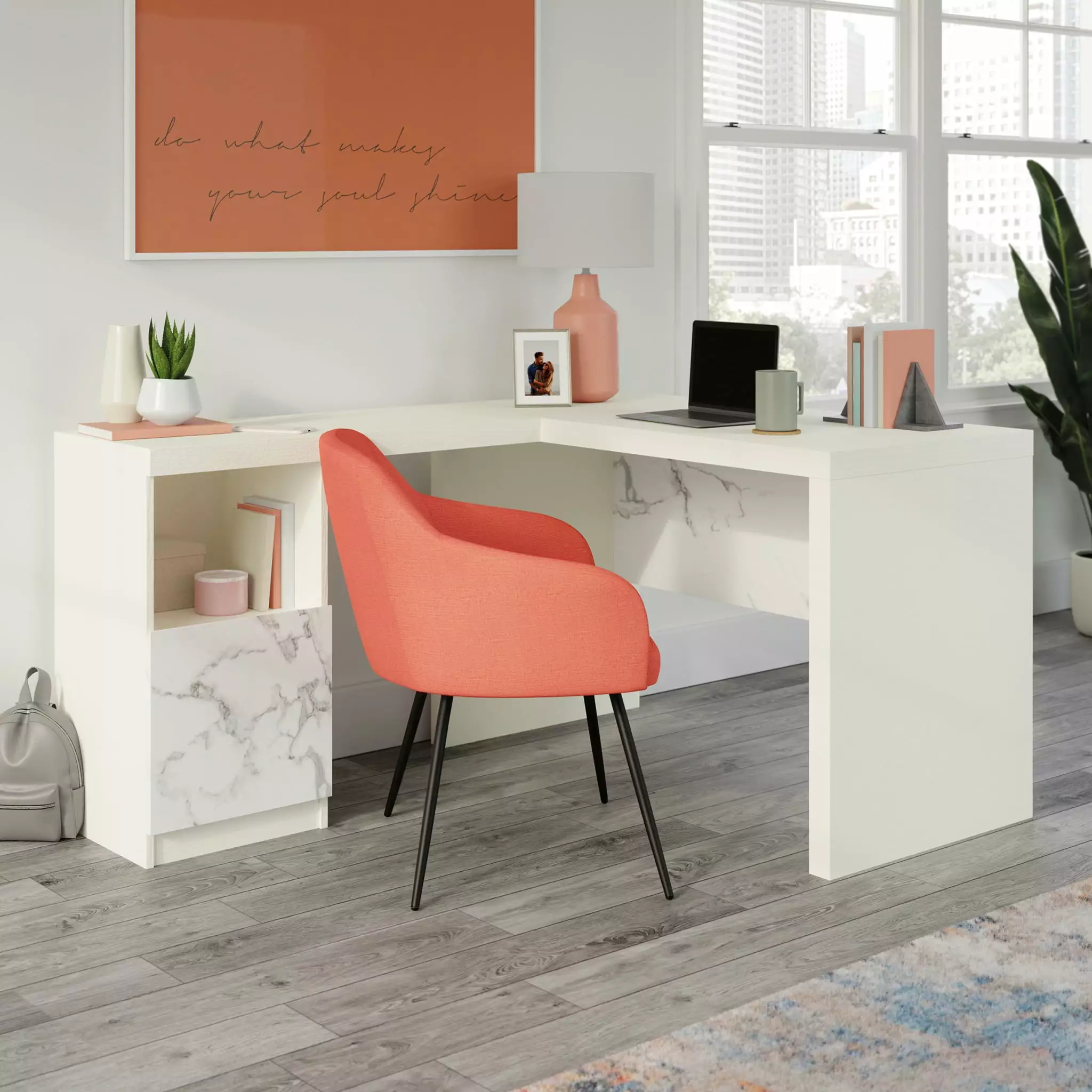 Sauder Hudson Court Contemporary L-Shaped Desk Pearl Oak Finish