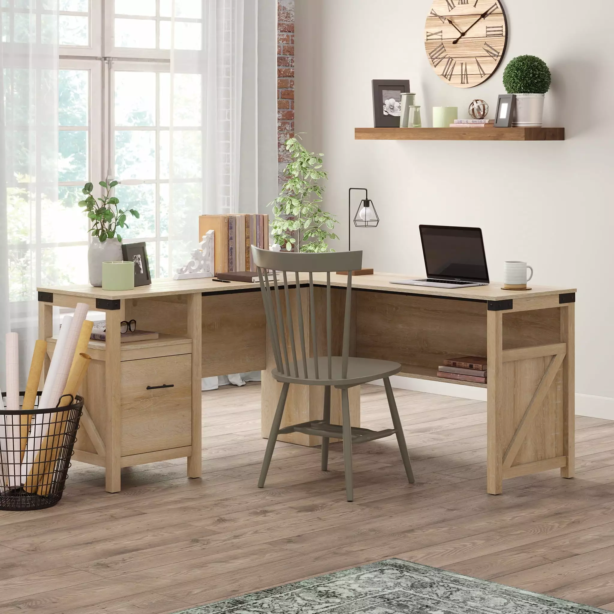 Sauder Saddler Way L Shape Computer Desk File Drawer Orchard Oak Finish