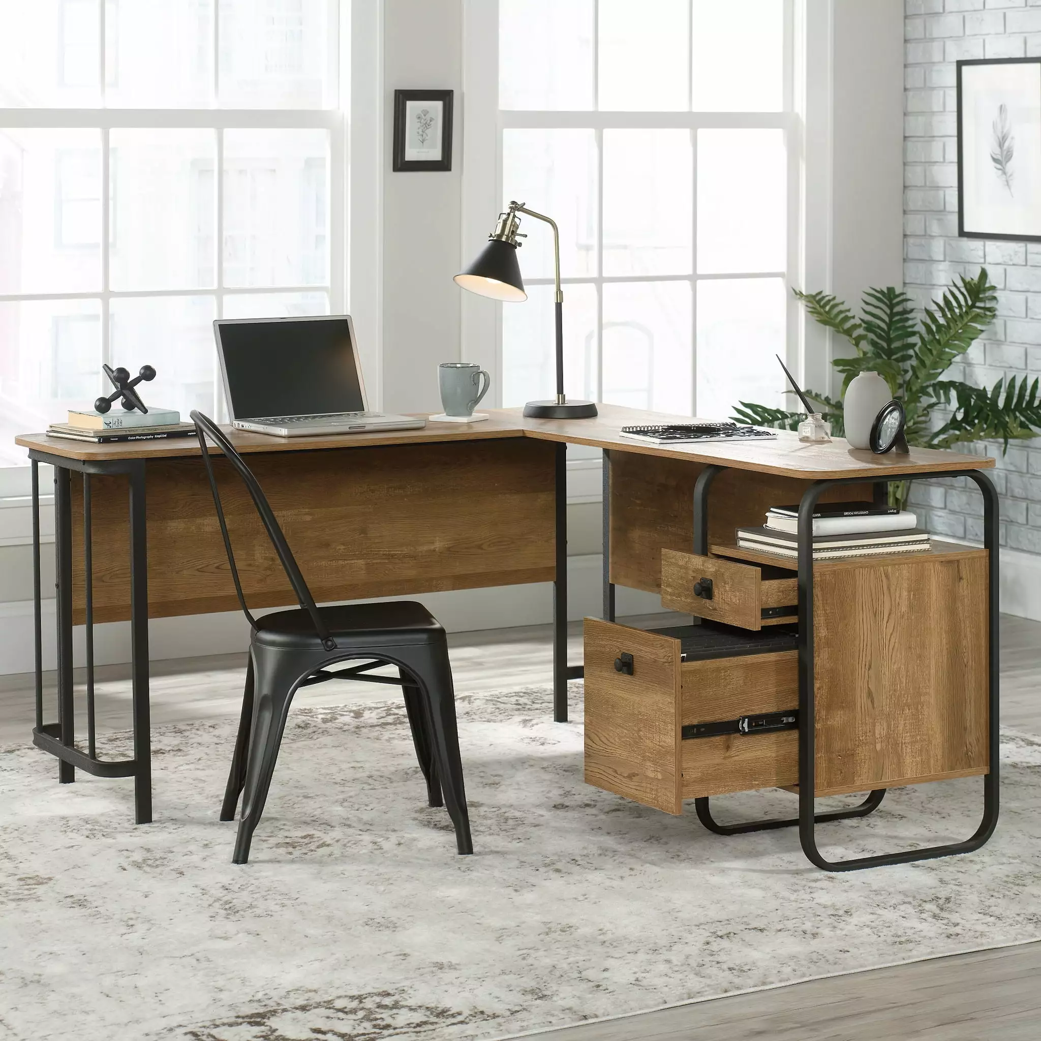 Sauder Station House Industrial L-Shaped Desk Etched Oak Finish Home Office