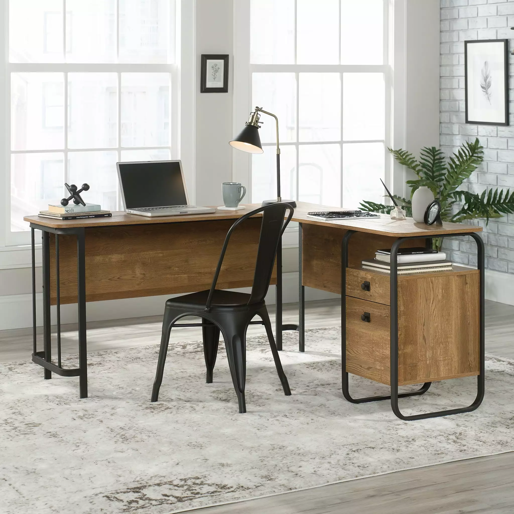 Sauder Station House L-Desk Etched Oak Finish