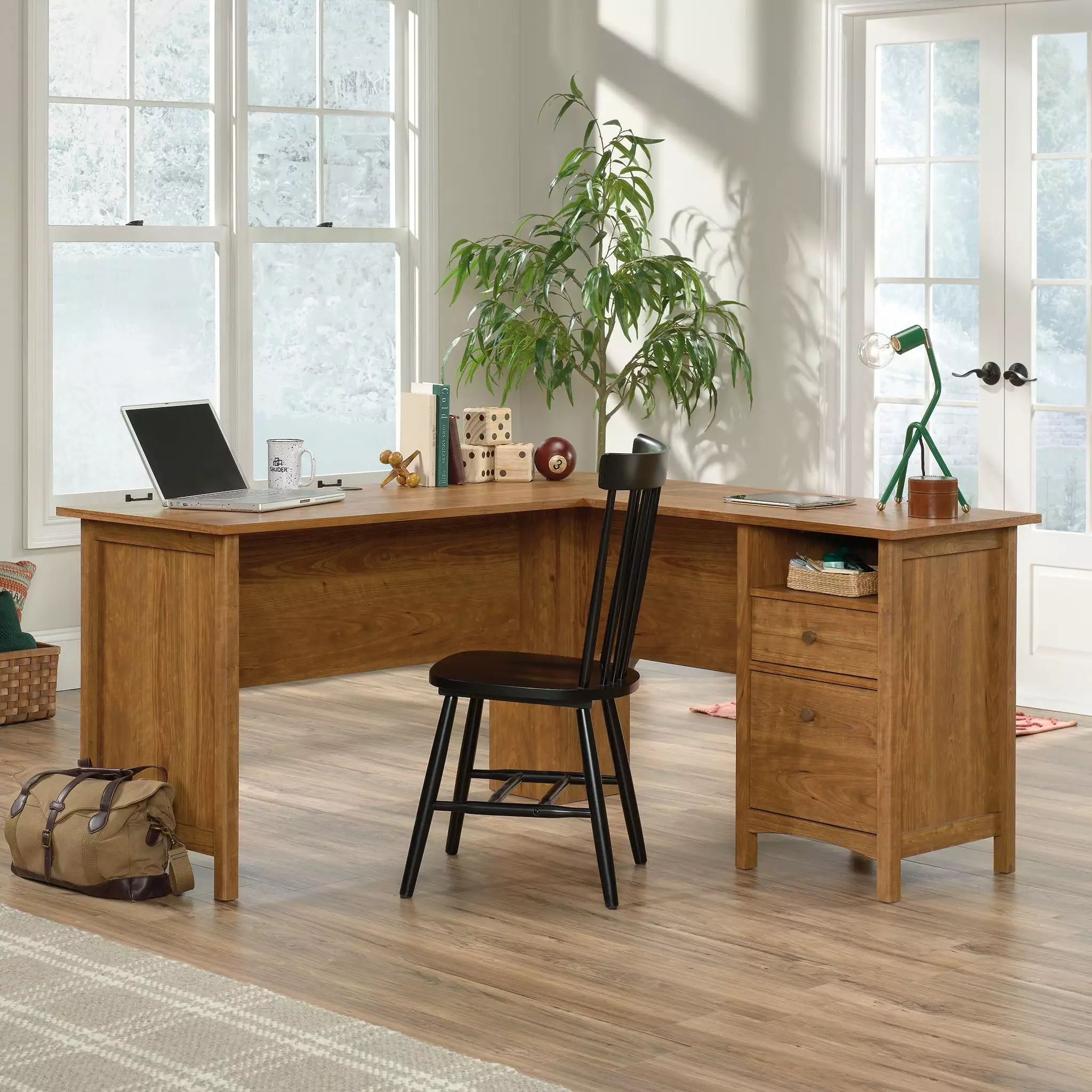 Sauder Union Plain Shaker Style L Shaped Desk File Drawer Prairie Cherry