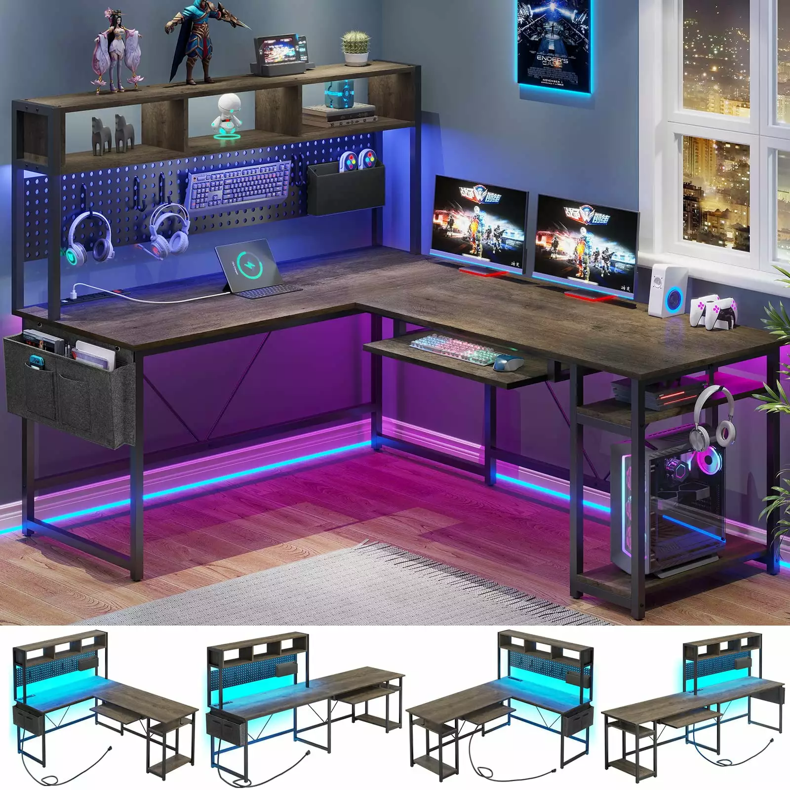 Afuhokles L Shaped Gaming Desk LED Light Reversible 94.5 Office Desk Power Outlet and Pegboard Sedeta