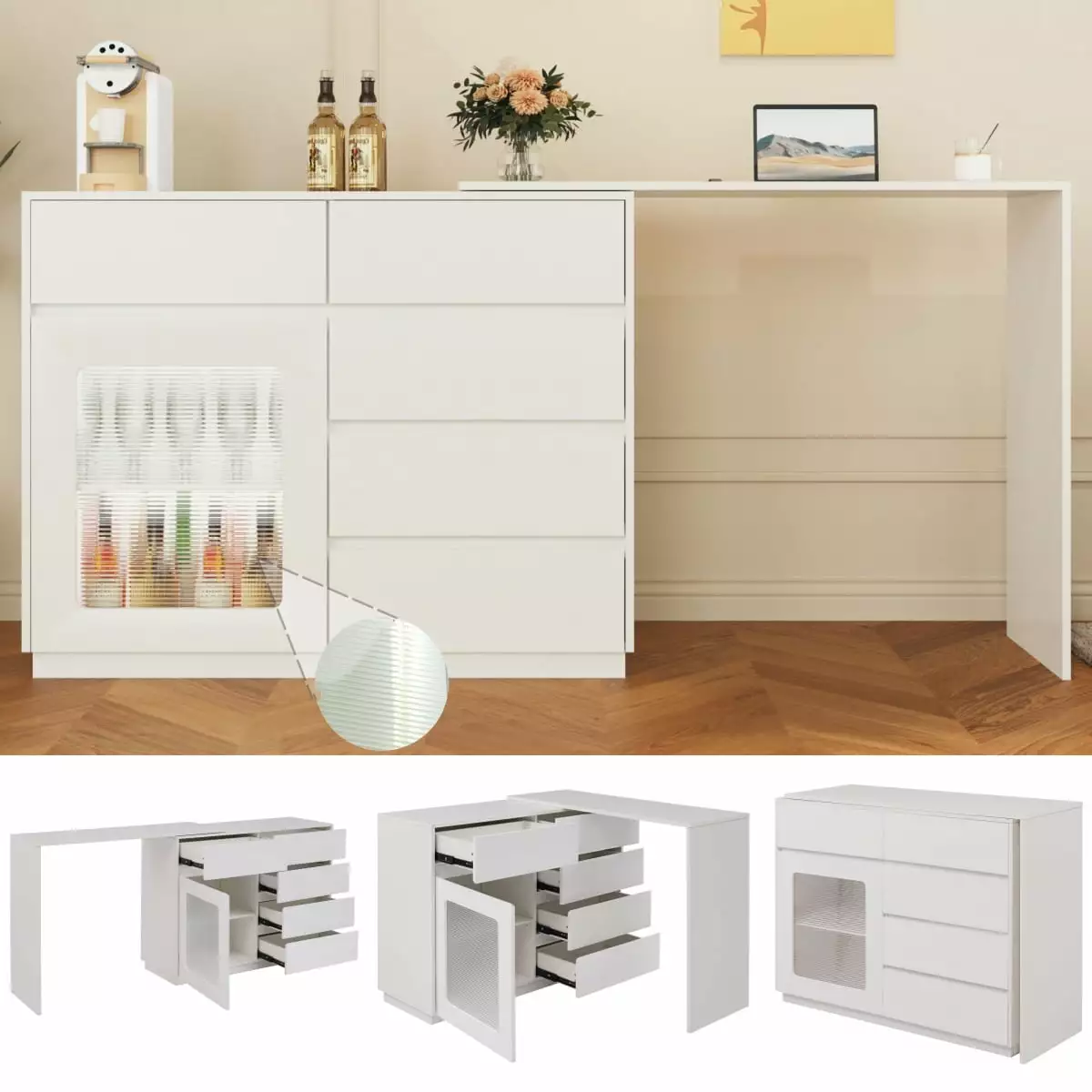 44-85 White L Shaped Desk Drawers and 360 Rotating Storage Cabinet SMHZ