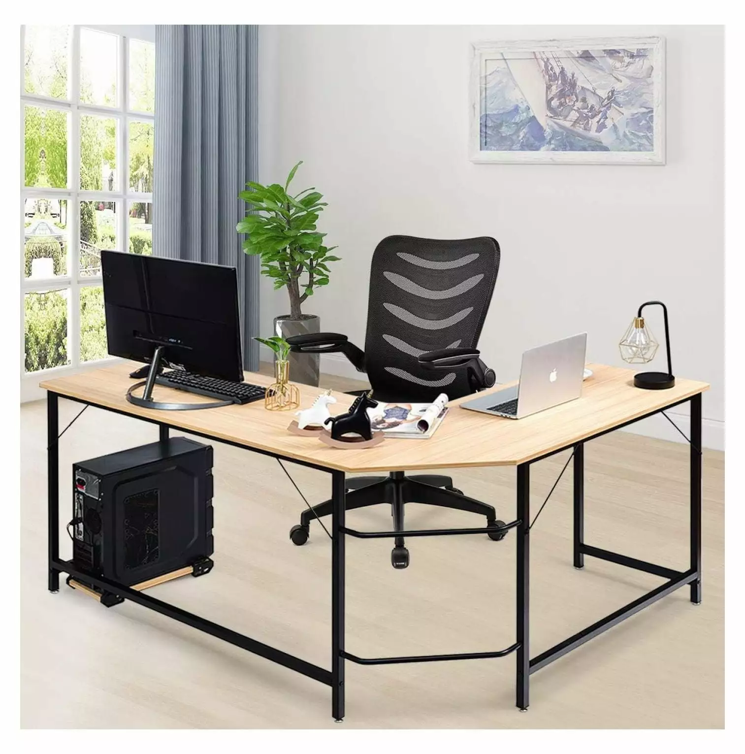 Superwum 66 Inch L-Shaped Corner Computer Desk CPU Stand Space-Saving Workstation