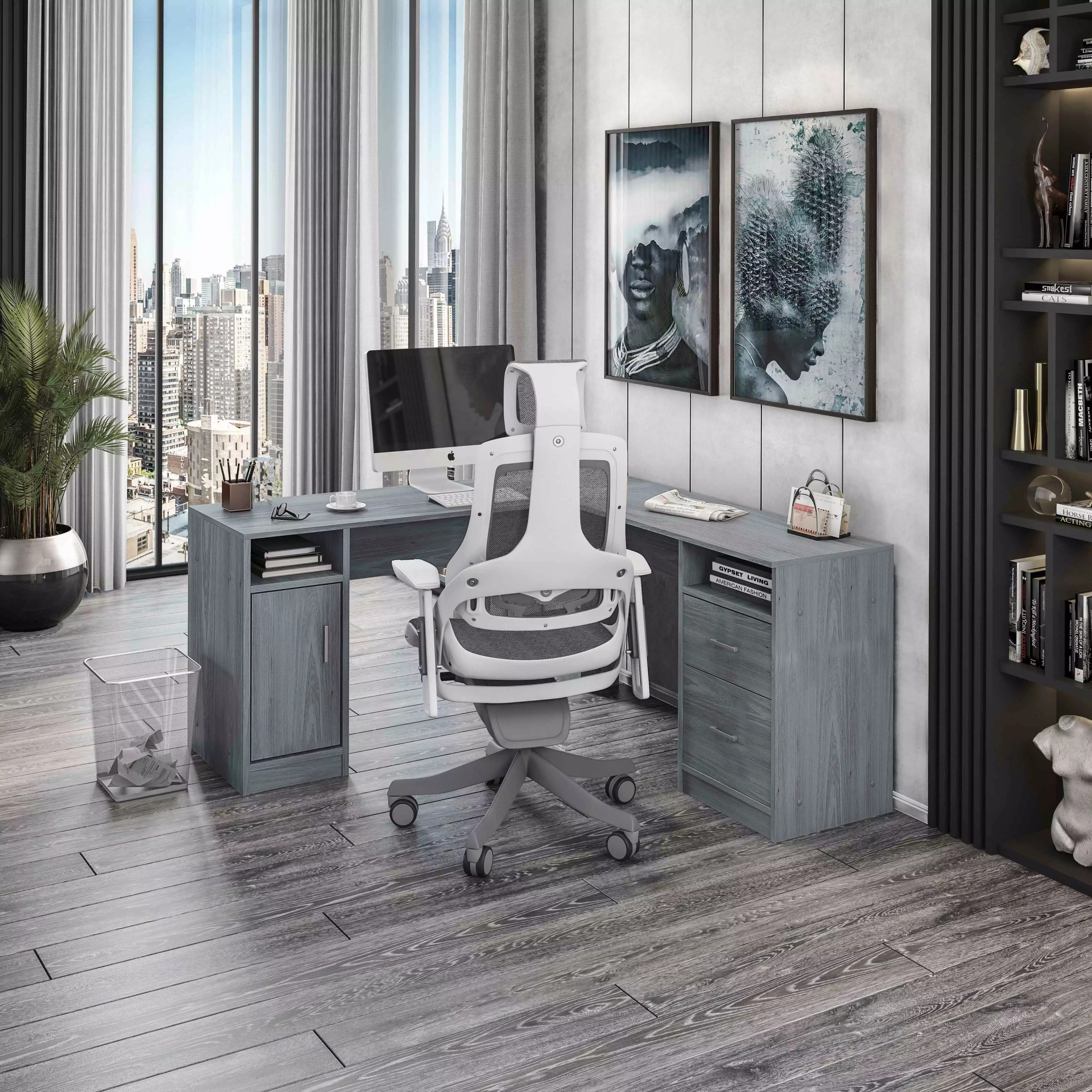Techni Mobili Functional L-Shape Desk Storage Gray Office Desk