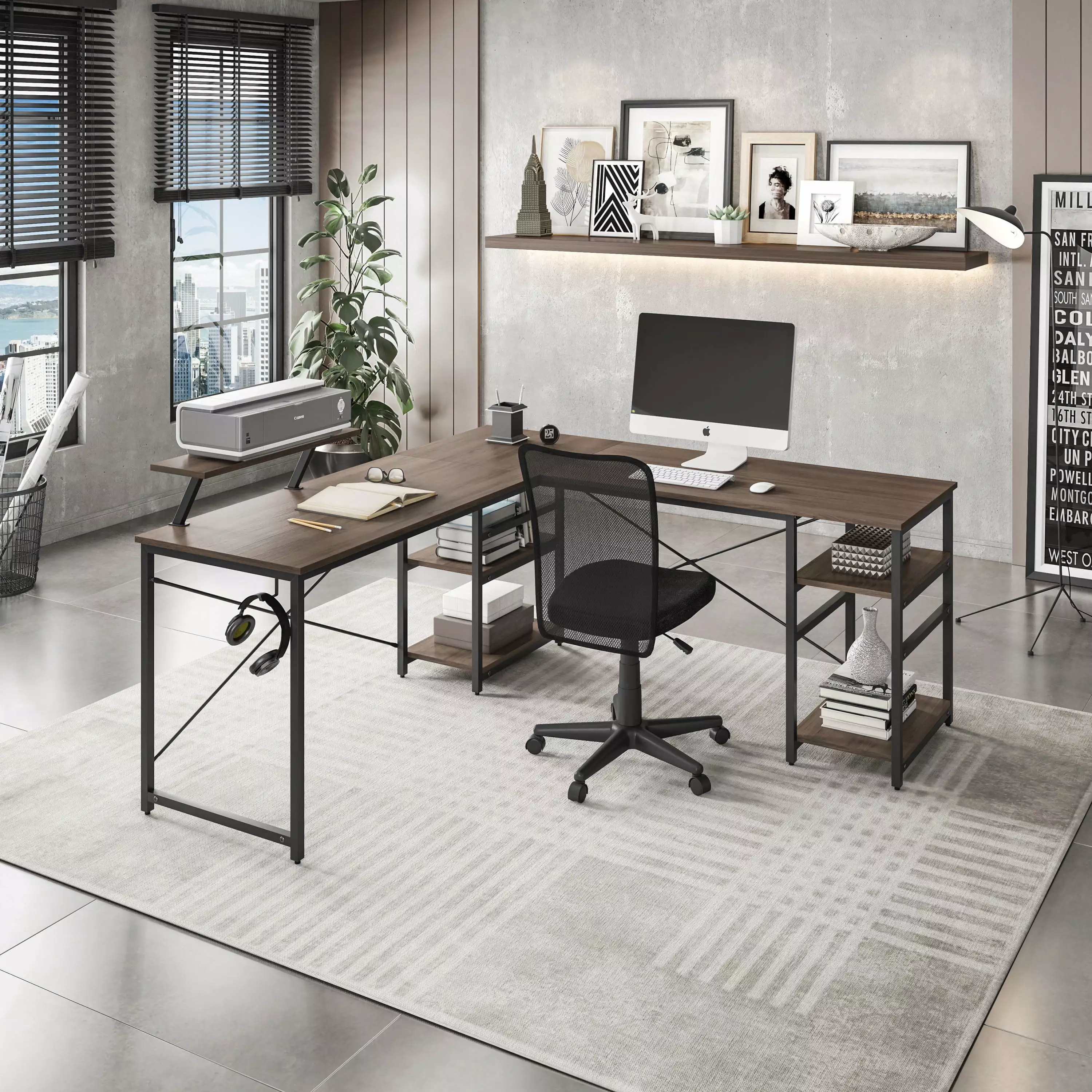 Techni Mobili L-Shape Industrial Desk Storage Shelves Walnut RTA-733DL-WAL