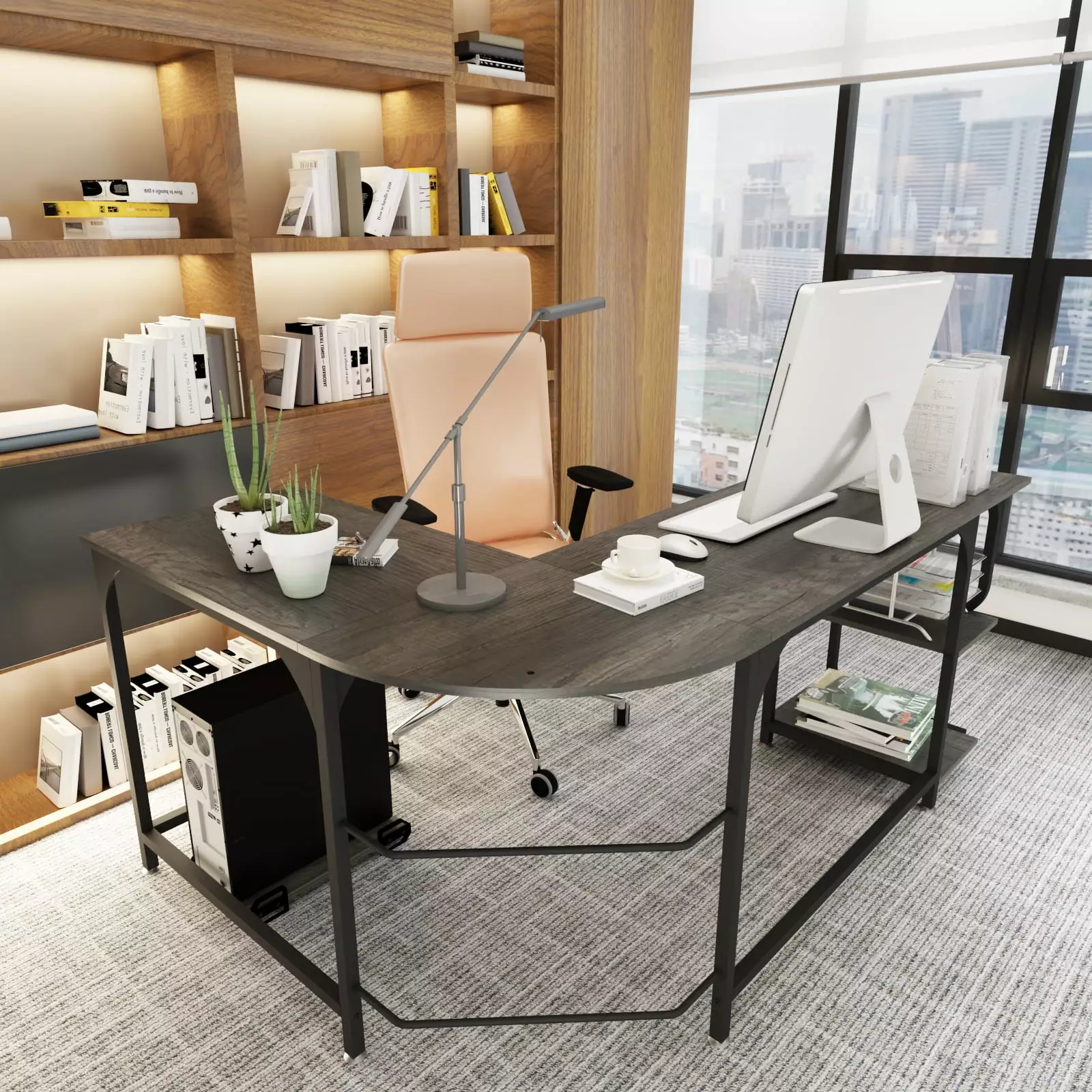 Teraves Reversible L-Shaped Wood Computer Desk S-Shaped Bookshelves - Black Oak