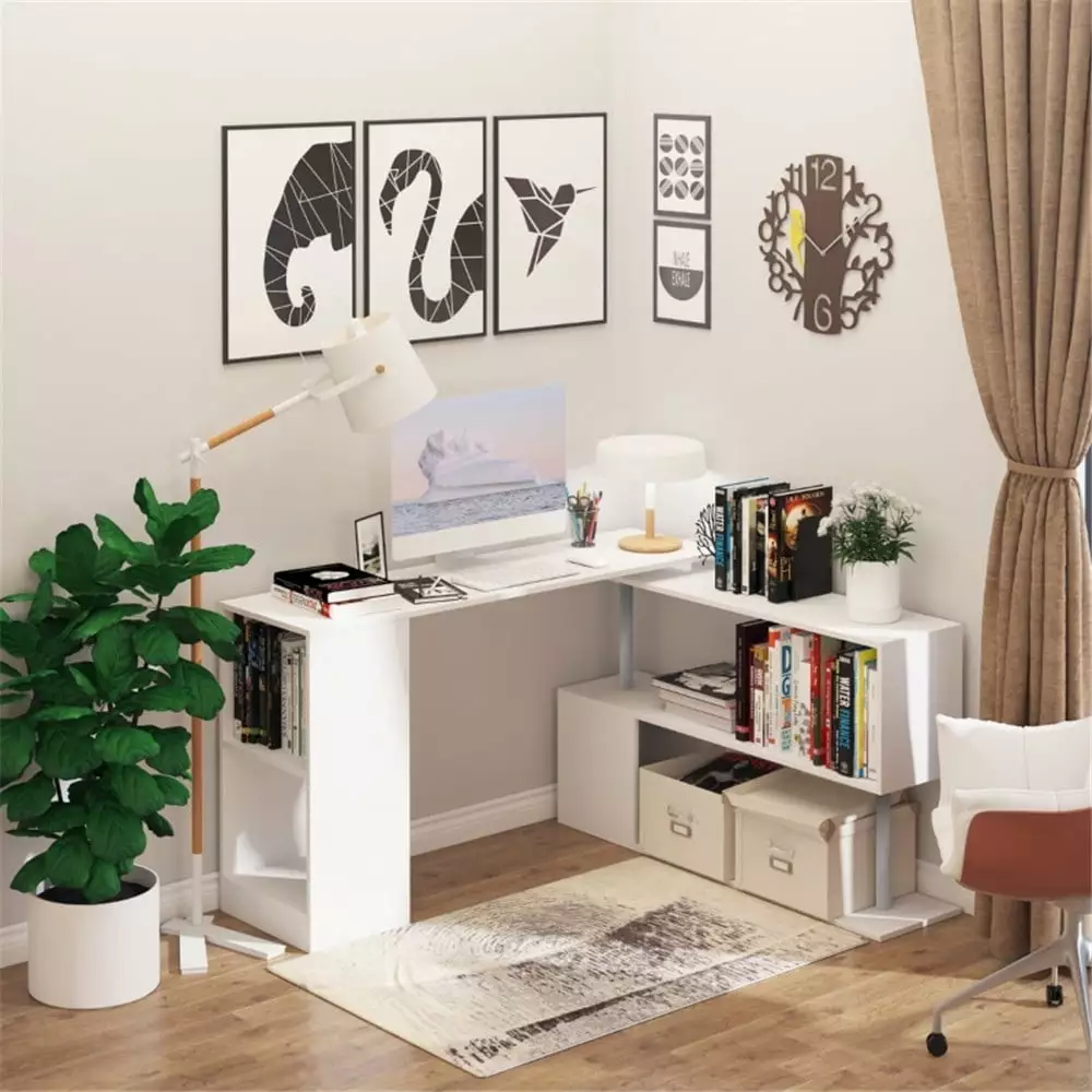 Rotary Convertible Office Desk 2 Work Tabletops L-Shaped Computer Table Storage Cubes and Shelves White THOWDEE