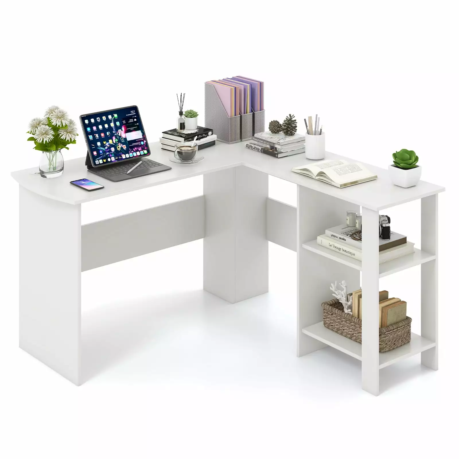 Topbuy Large L-shaped Computer Desk Modern Home Office Writing Desk Workstation 2 Cable Holes 2 Storage Shelves