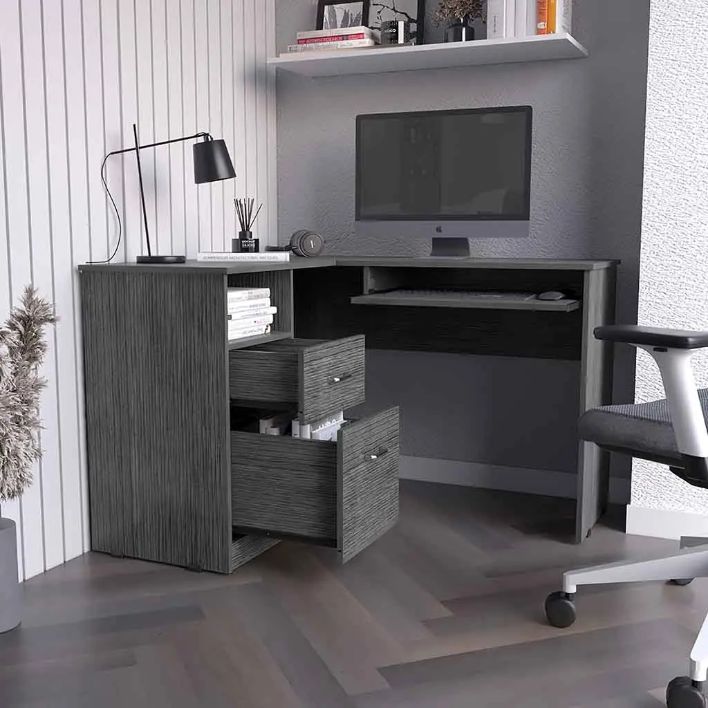 L-Shaped Desk Bradford Keyboard Shelf Smokey Oak Finish Gray treevol furniture