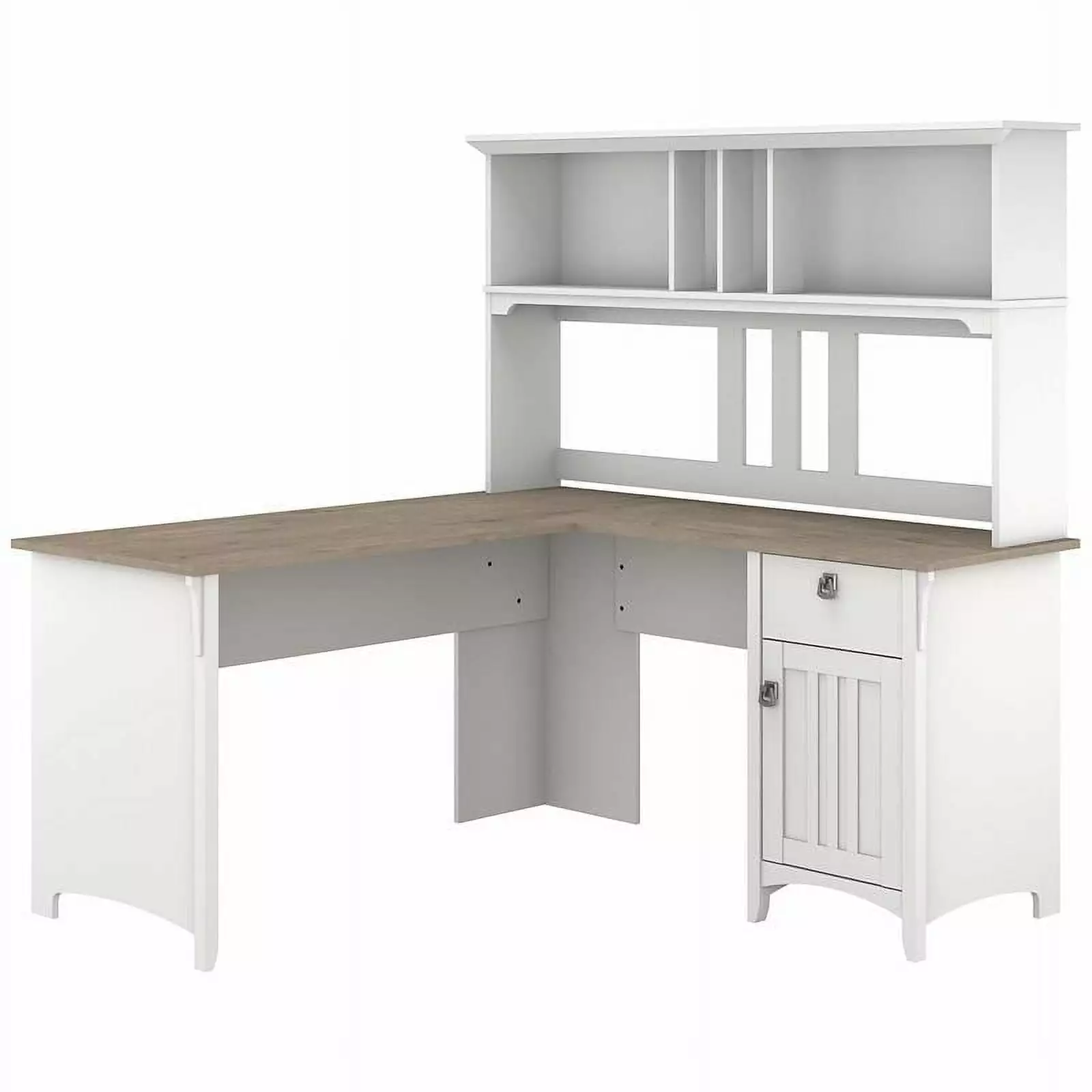 Trent Home 60W L Shaped Desk Hutch White and Shiplap Gray Farmhouse Office Furniture
