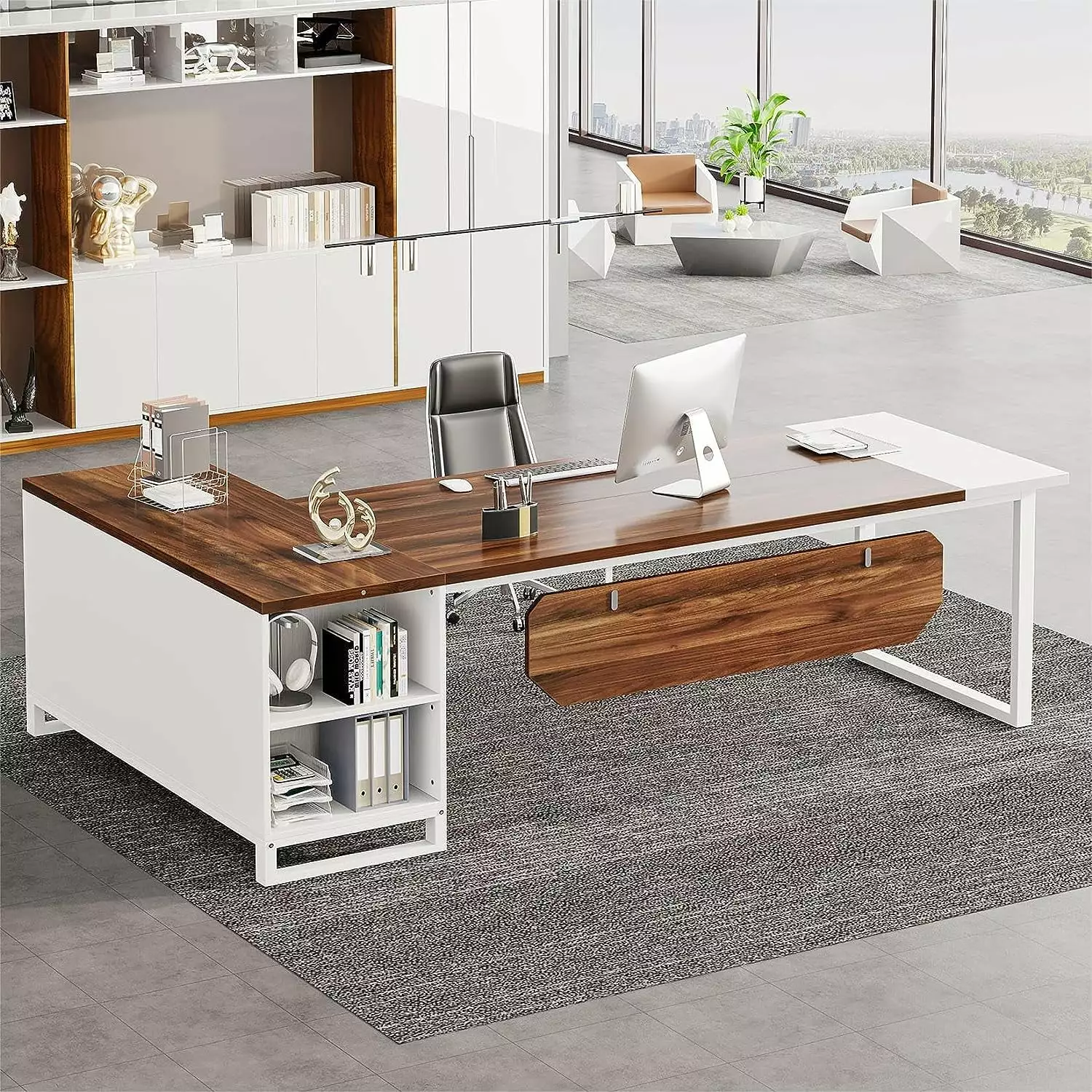 Tribesigns 70.8 L-Shaped Executive Desk 55 File Cabinet - Large Home Office Workstation Walnut White