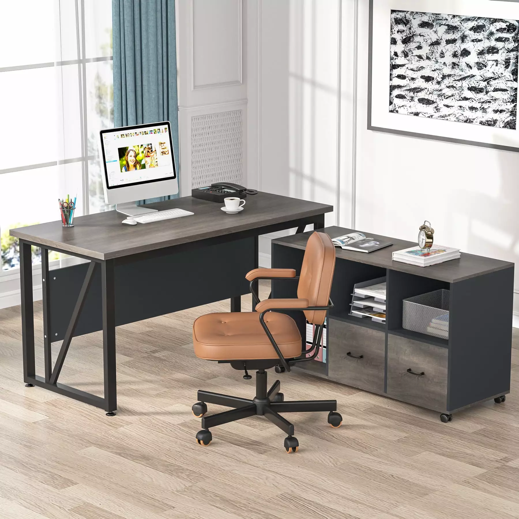 Tribesigns 55 Inch L-Shaped Desk File Cabinet Drawers and Shelves Executive Office Desk