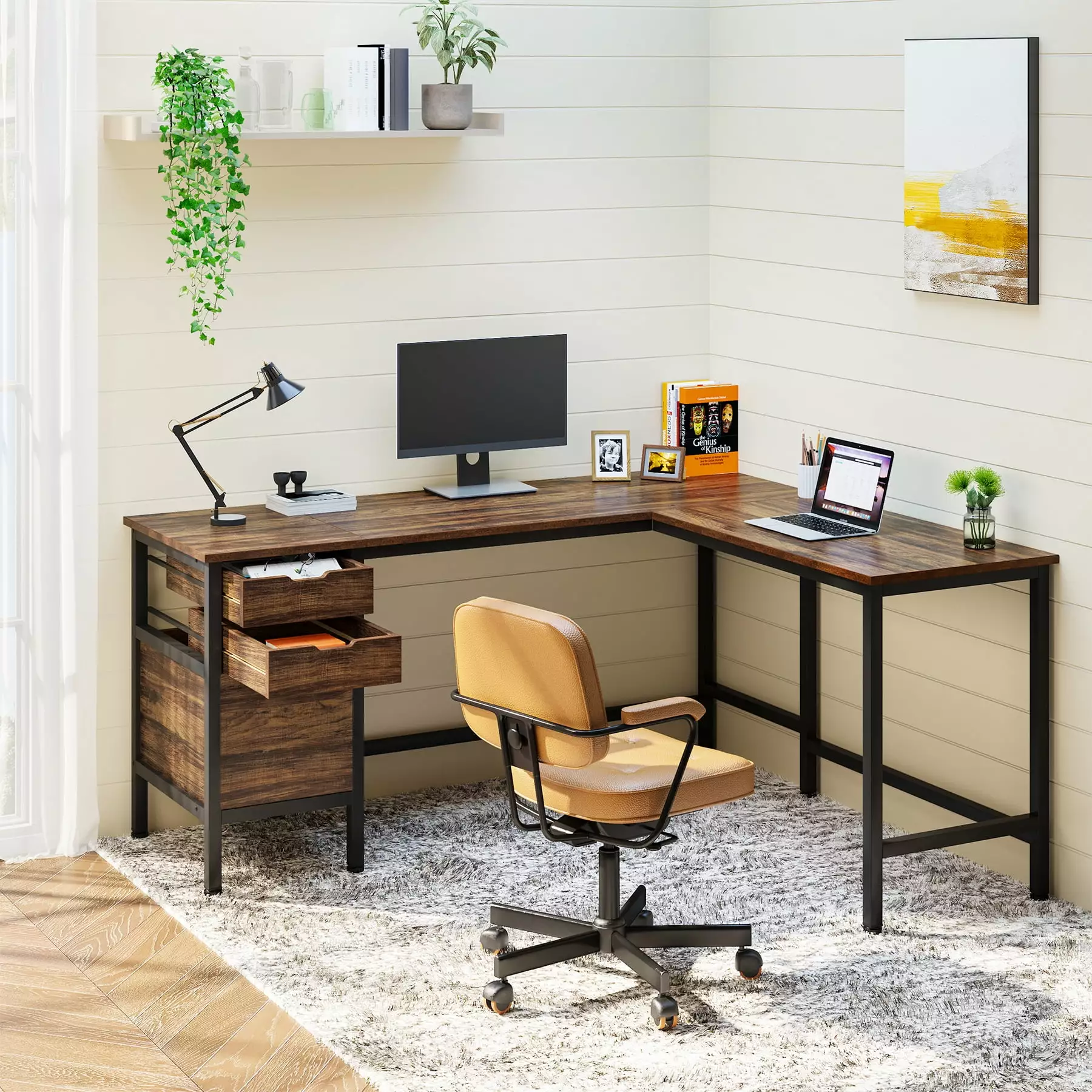 Tribesigns 59 Inch L Shaped Desk Storage Drawers Corner Computer Desk File Cabinet