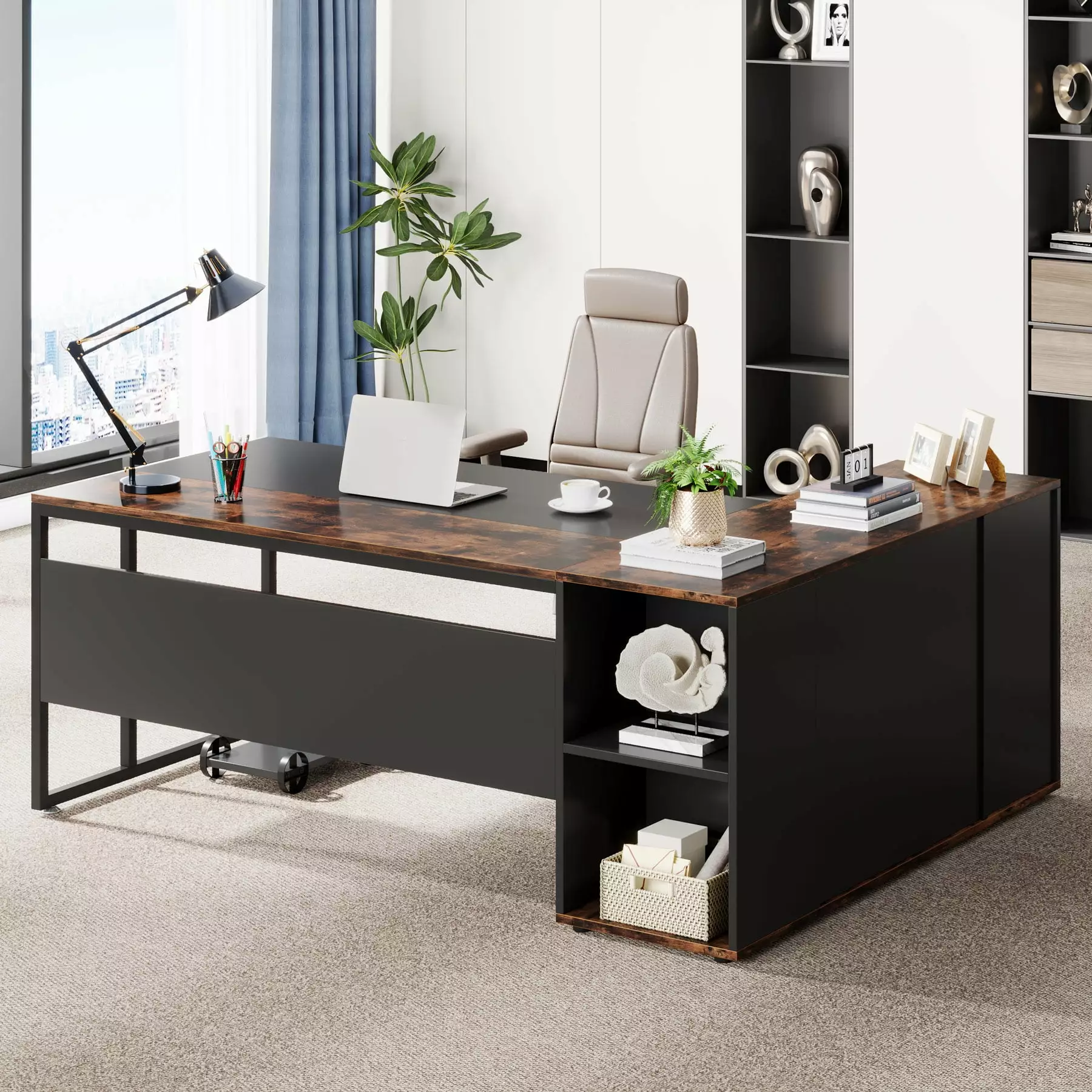 Tribesigns 71 inch L Shaped Executive Desk Cabinet Storage Rustic Brown Home Office