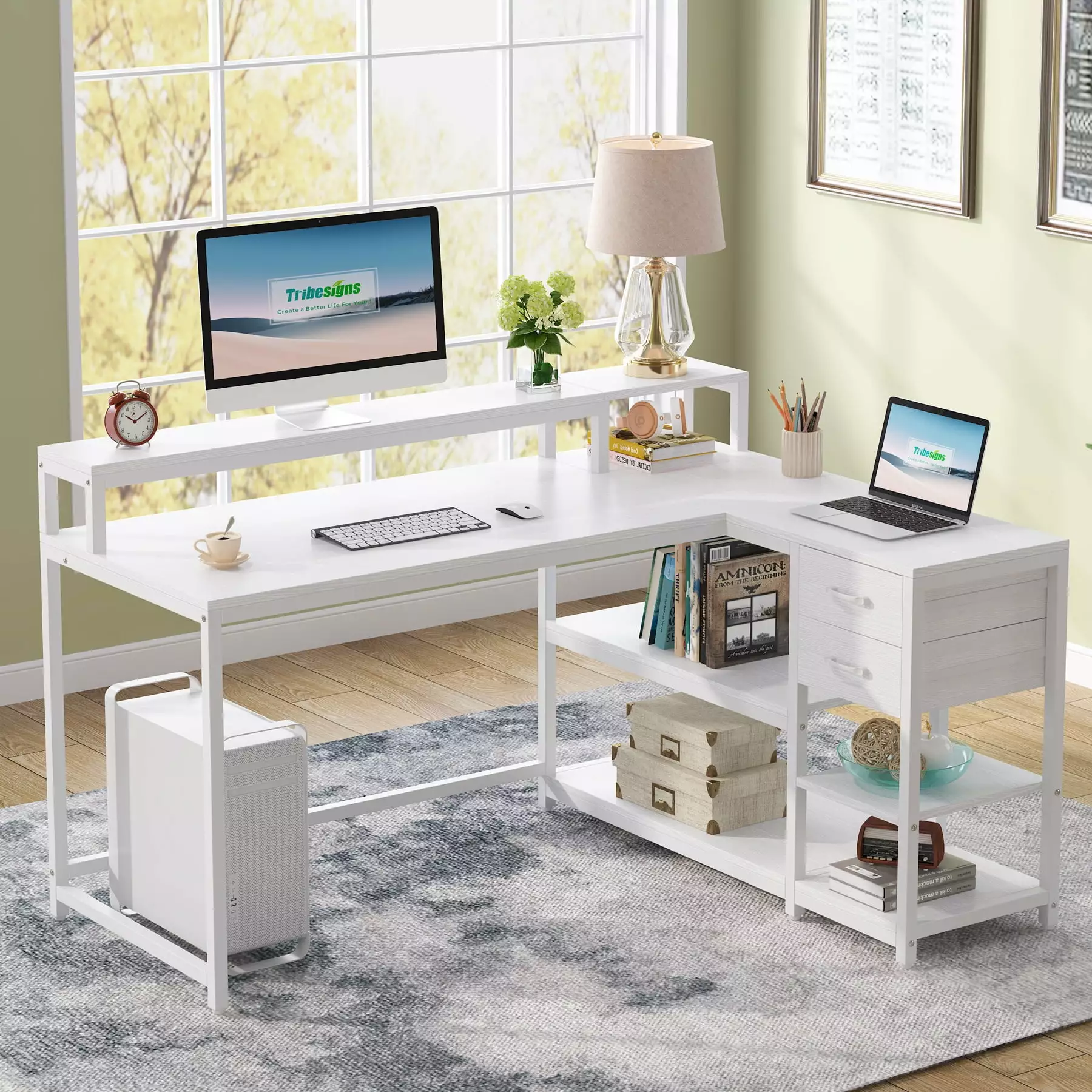 Tribesigns L-Shaped Computer Desk Drawer and Storage Shelf Home Office