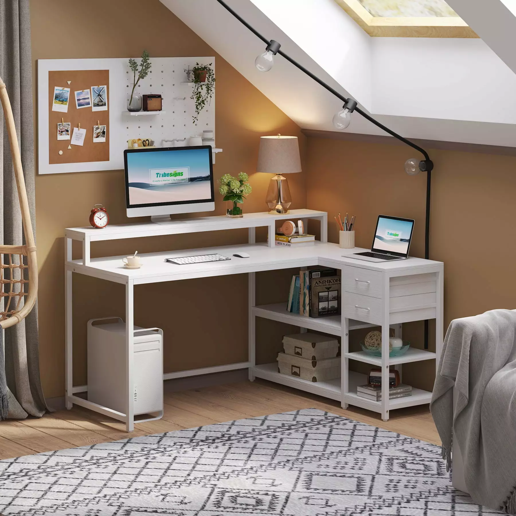 Tribesigns L-Shaped Desk Drawer Shelves and Monitor Stand Corner Home Office Table