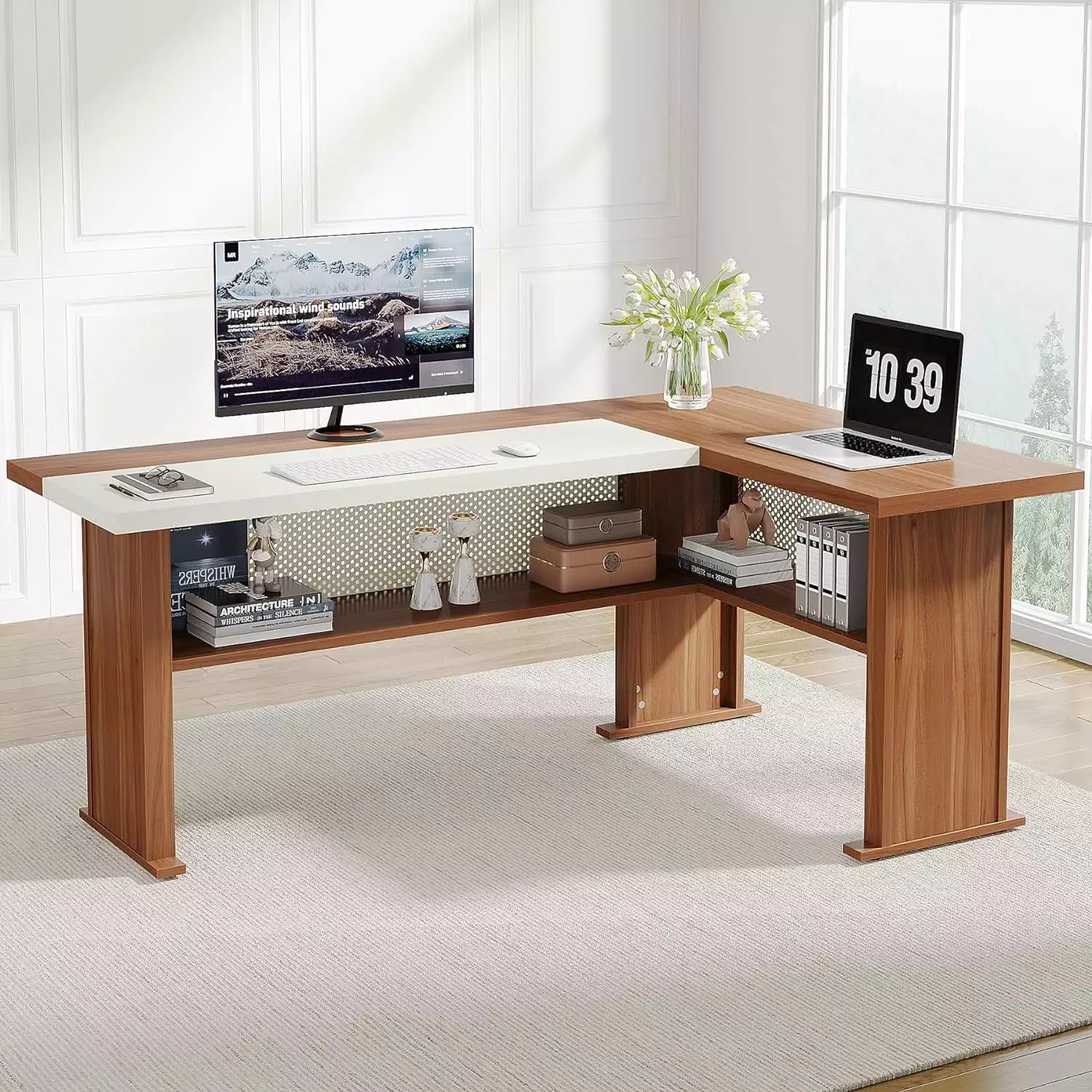 Tribesigns 63 L-Shaped Executive Office Desk - Walnut & White Modern Workstation Shelves