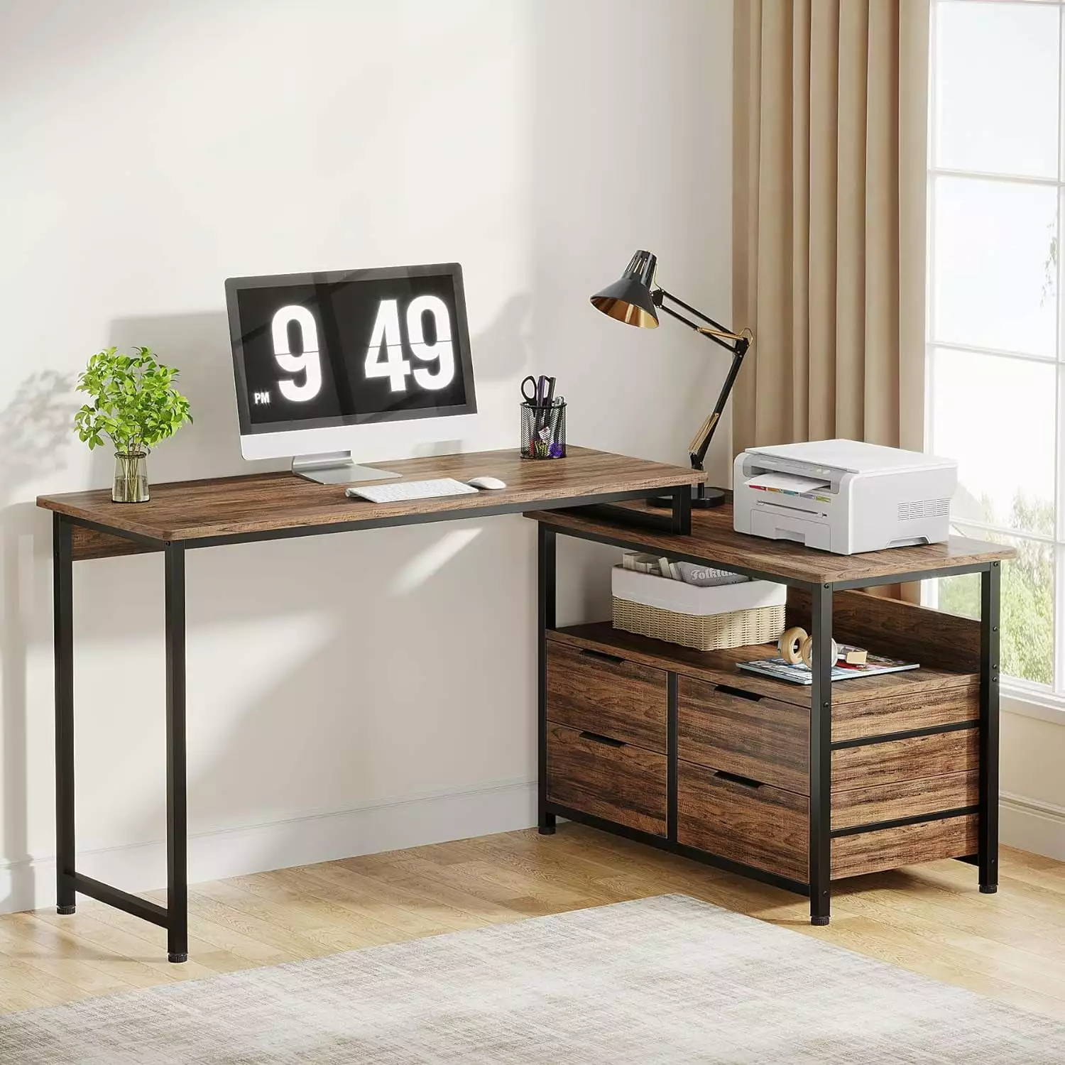 Tribesigns Reversible L-Shaped Desk Drawer Industrial Corner Desk Storage Shelves Home Office Small Space