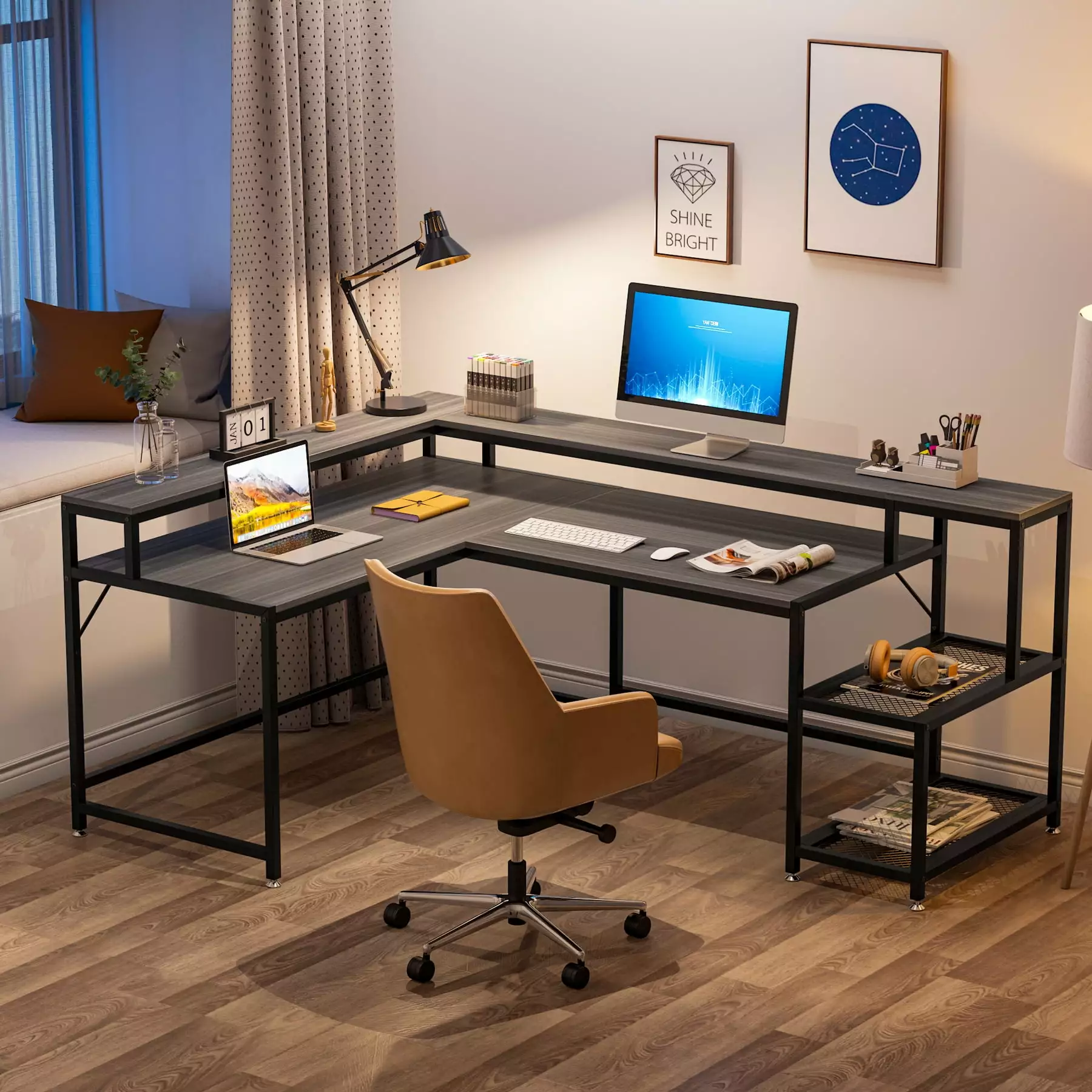 Tribesigns Reversible L Shaped Computer Desk Monitor Stand 69 Inch Large Corner Desk Storage Shelf