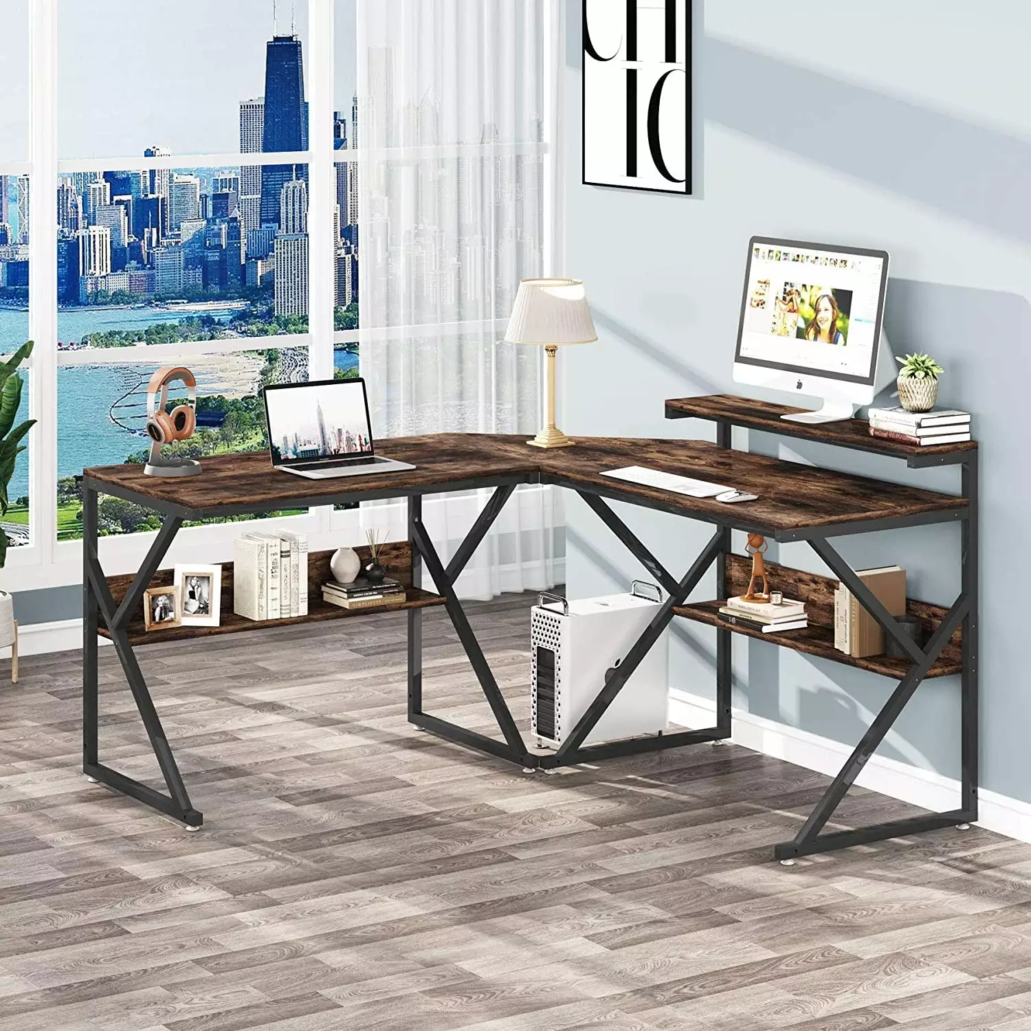 Tribesigns L Shaped Desk Storage Shelves - 55 Inch Corner Computer Desk Monitor Stand Rustic Brown