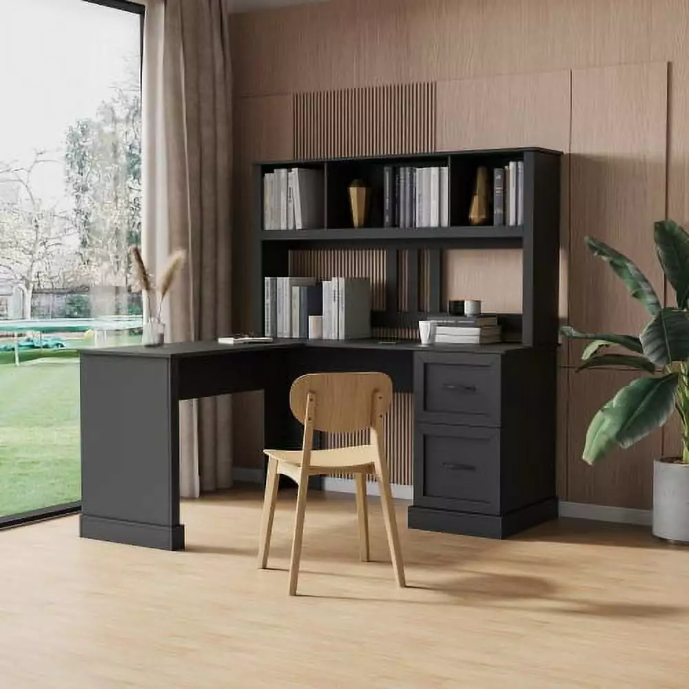 L Shaped Desk Storage Drawer and Shelves Home Office Computer Desk Black Triple Tree