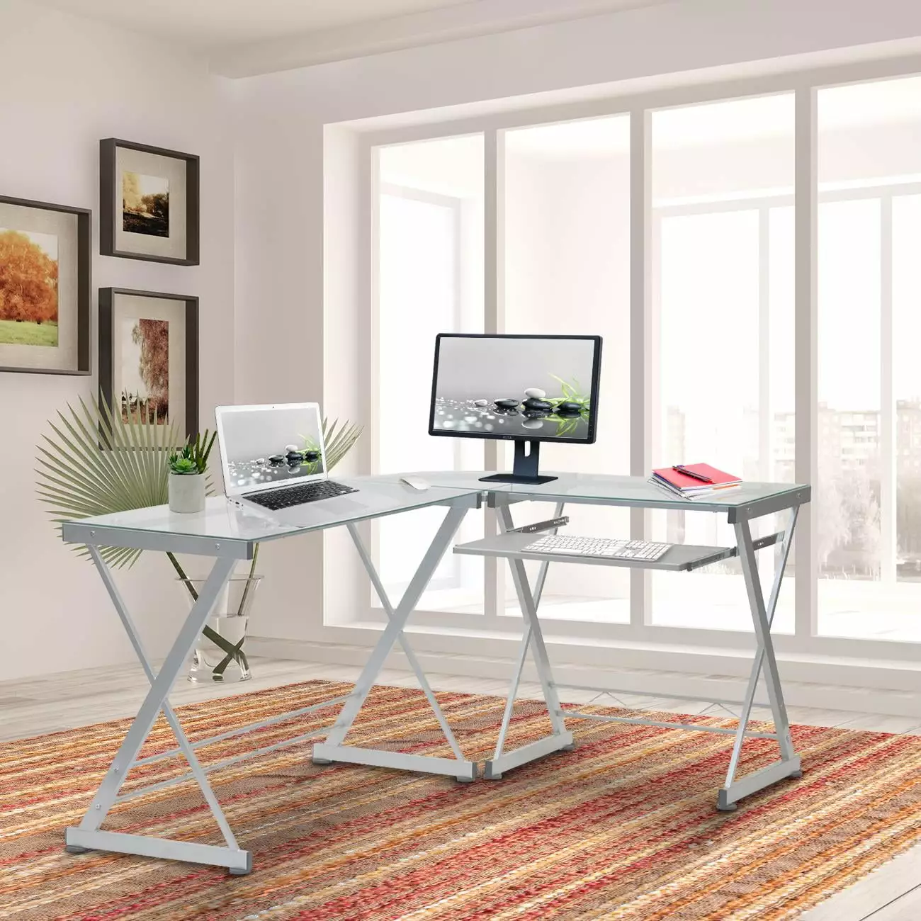 UBesGoo L-Shaped Computer Desk Modern Office Workstation Tempered Glass Top