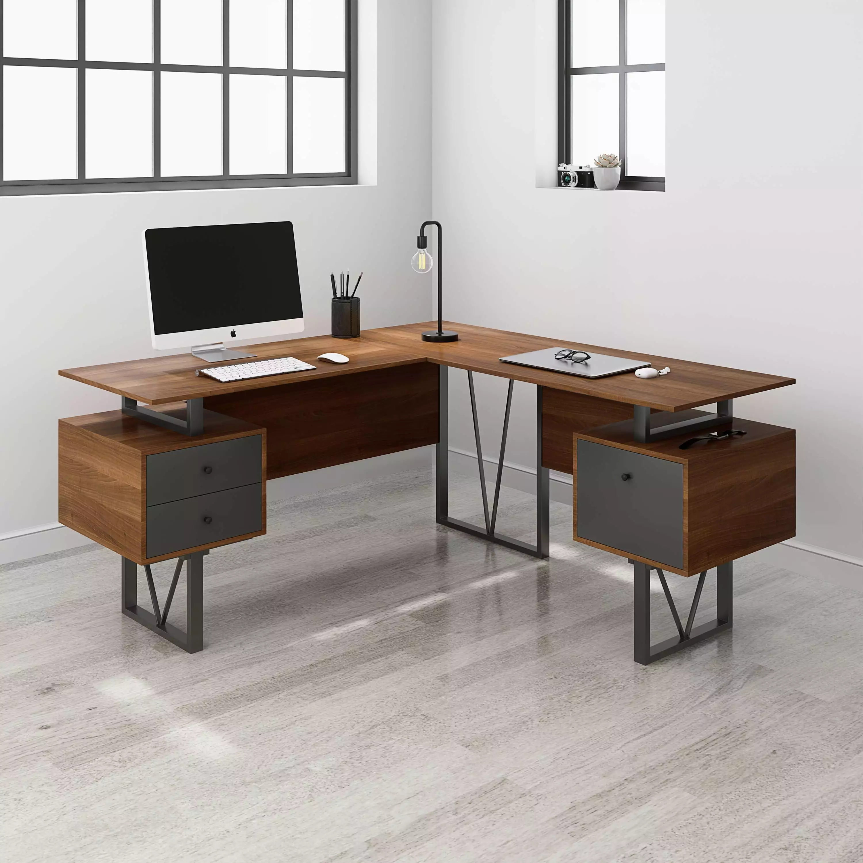 UBesGoo L Shaped Computer Desk Gaming Desk Drawers and File Cabinet Walnut Office Table