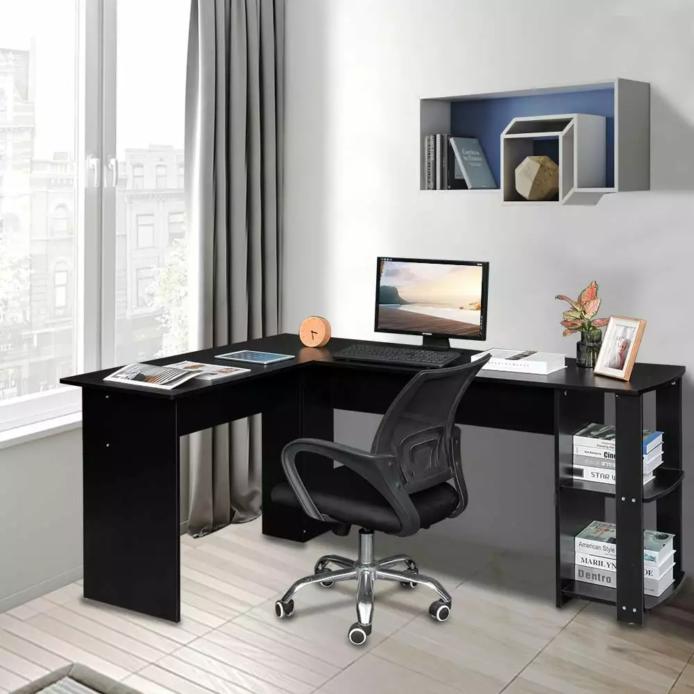 UBesGoo L Shaped Desk Office Wood Corner Desk 2-layer Bookshelves Black Finish