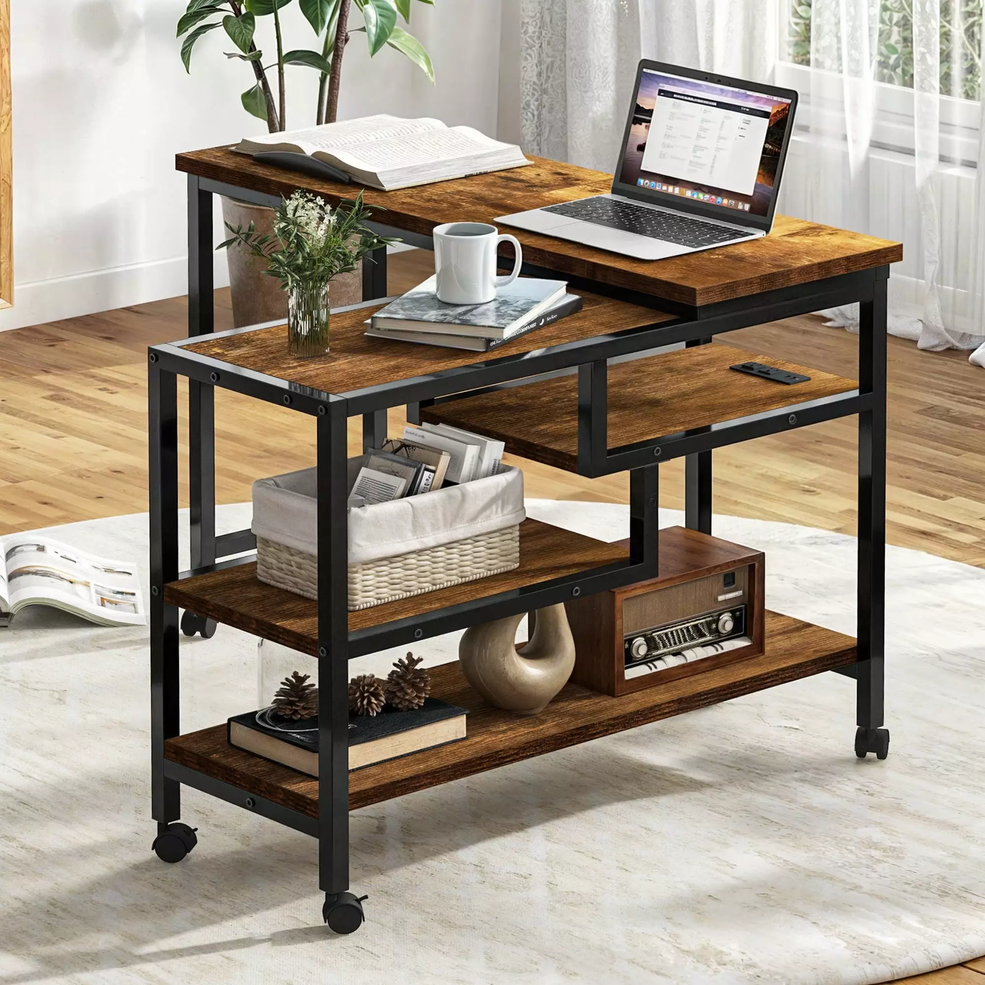 Uforic Rotating L-Shaped Computer Desk Power Outlets Corner Writing Desk Storage Shelves