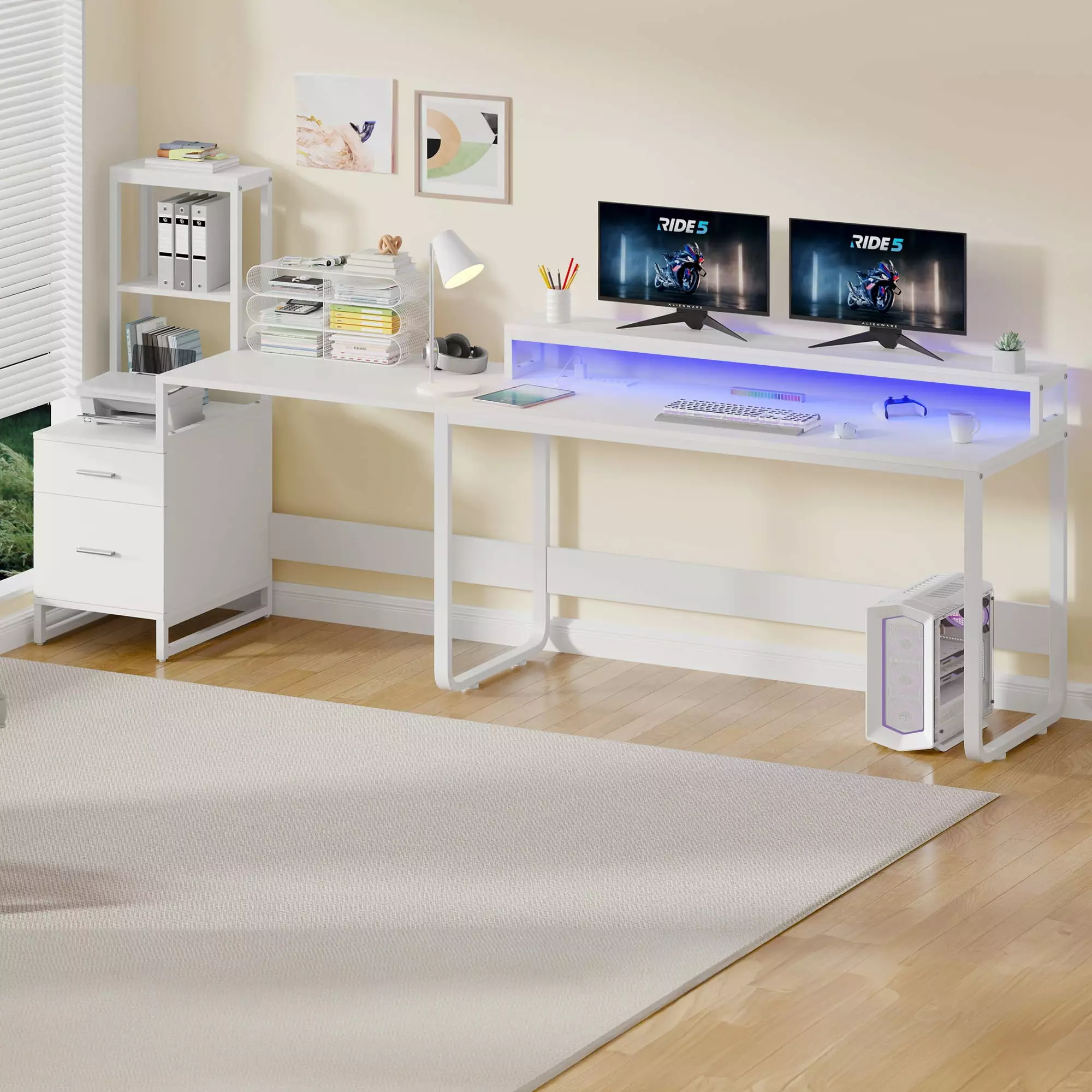 Uforic L Shape Desk Hutch Monitor Stand 2 Drawers Reversible Large Computer Desk LED Light