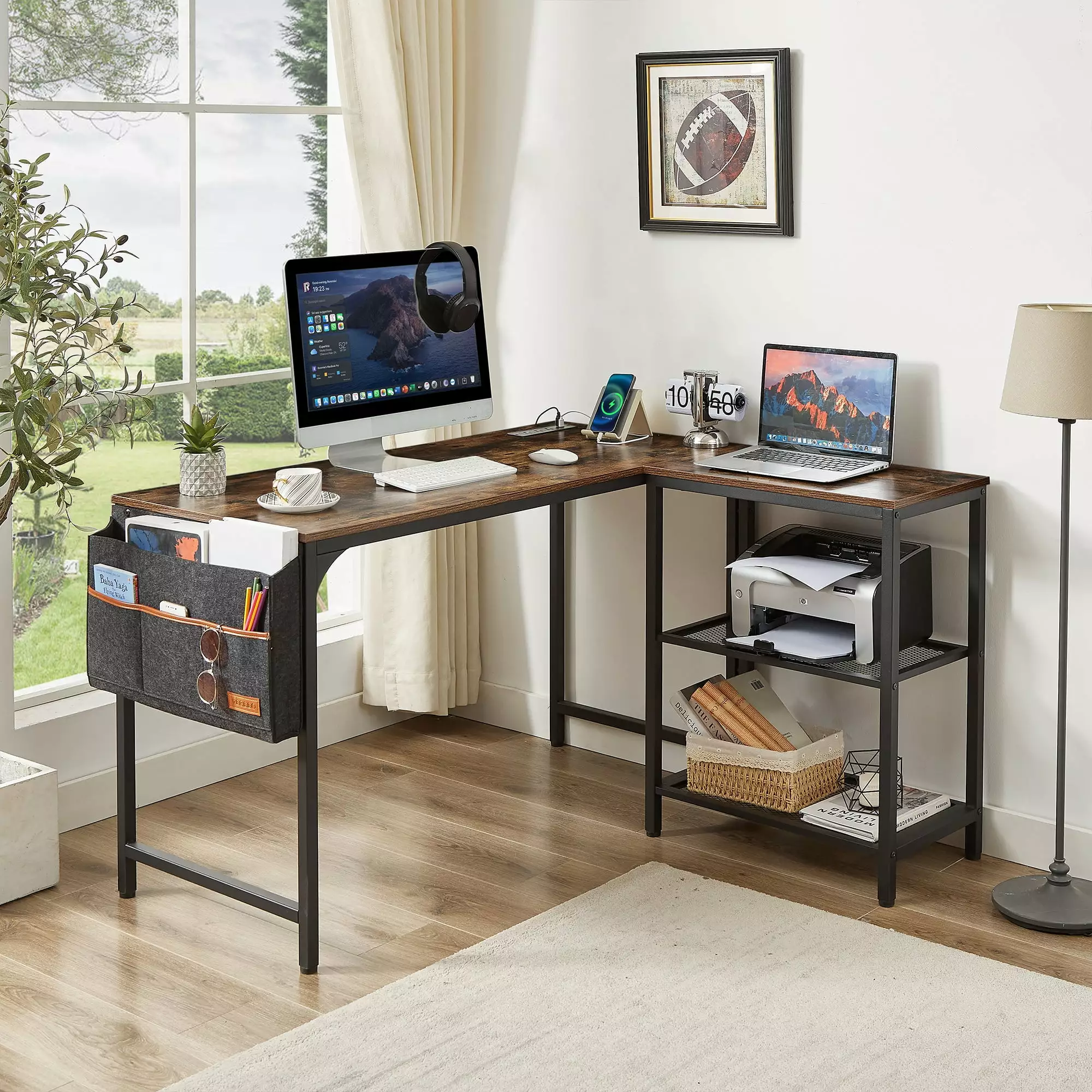 VECELO L Shaped Computer Desk Power Outlet USB Charging Port and Storage Shelf Home Office