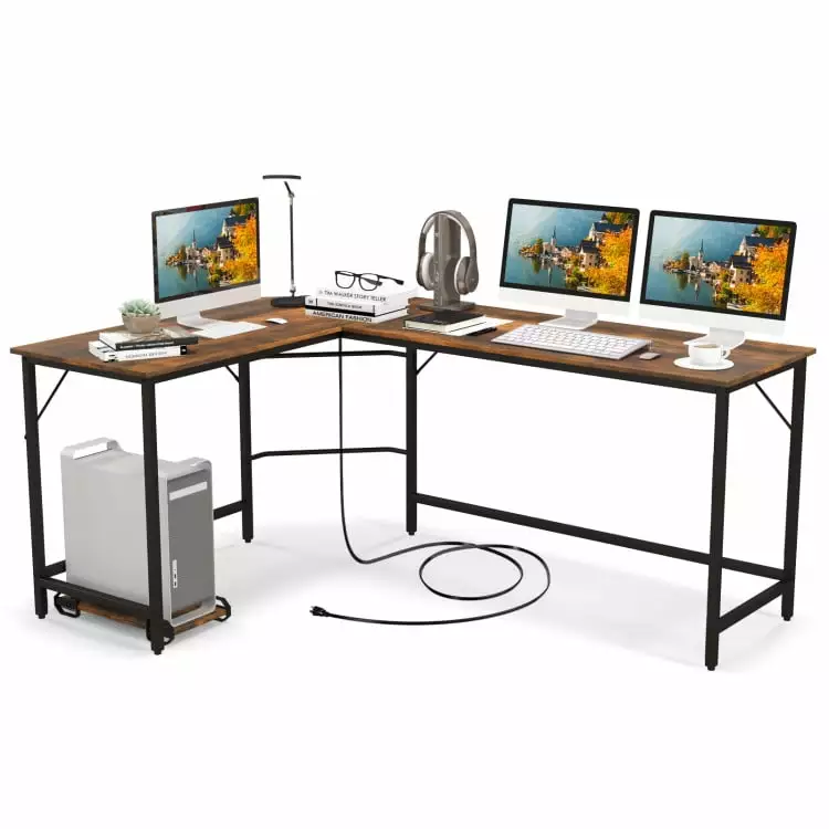Yardi L-Shaped Computer Desk CPU Stand Power Outlets USB Ports Rustic Brown Gaming Study Writing Desk Yardi Yard