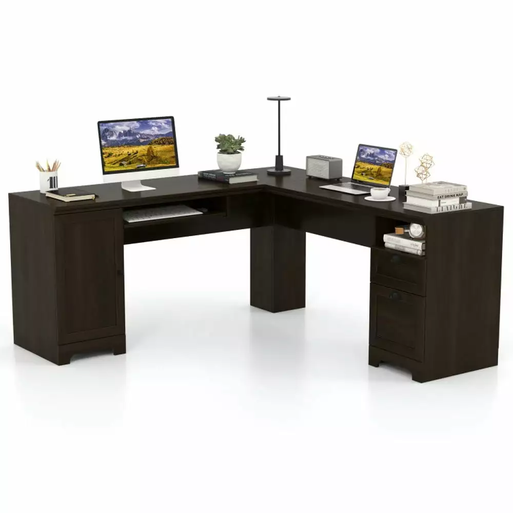 Yardi Yard 66 Inch L-Shaped Computer Desk Drawers Study and Gaming Coffee Finish