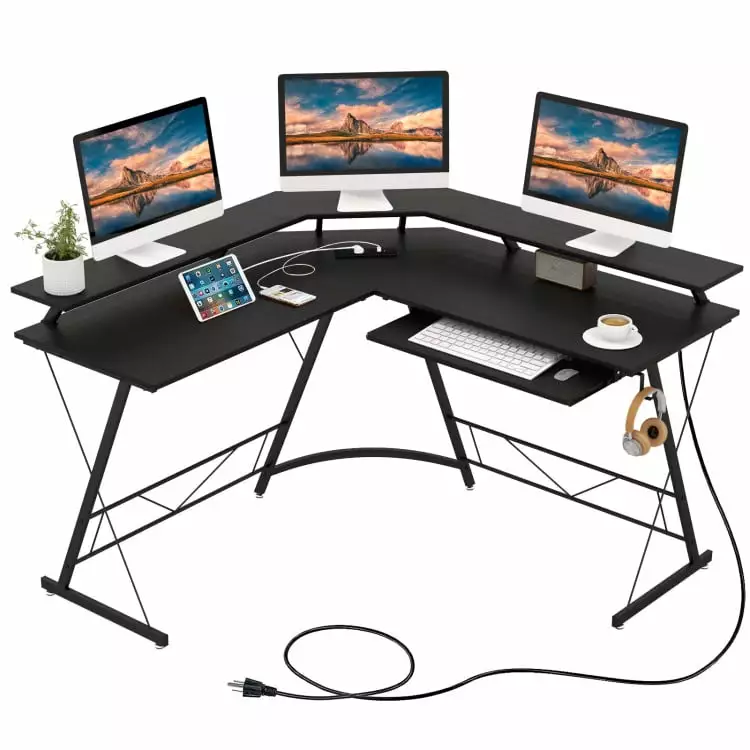 Yardi Yard L-Shaped Computer Desk Power Outlet Monitor Stand Black Gaming Study Writing Workstation