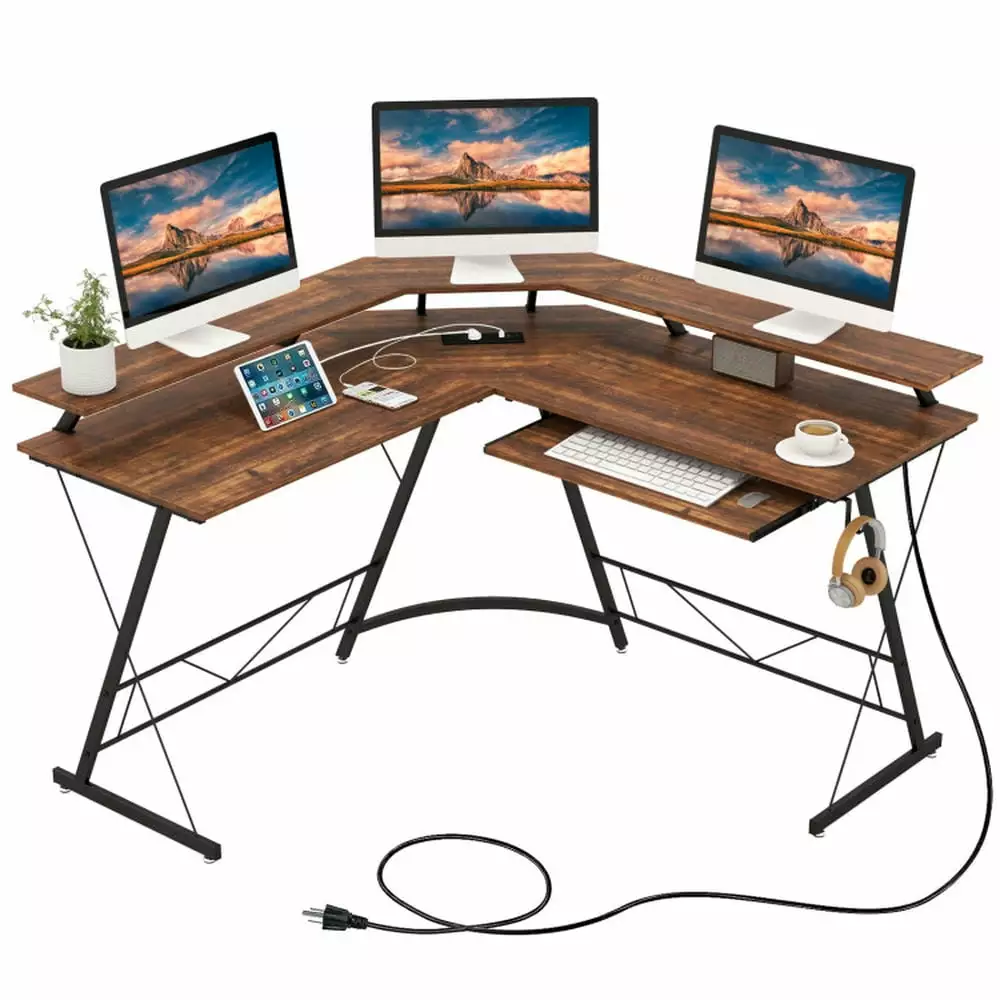 Yardi Yard Rustic Brown L-Shaped Computer Desk Power Outlet and Monitor Stand
