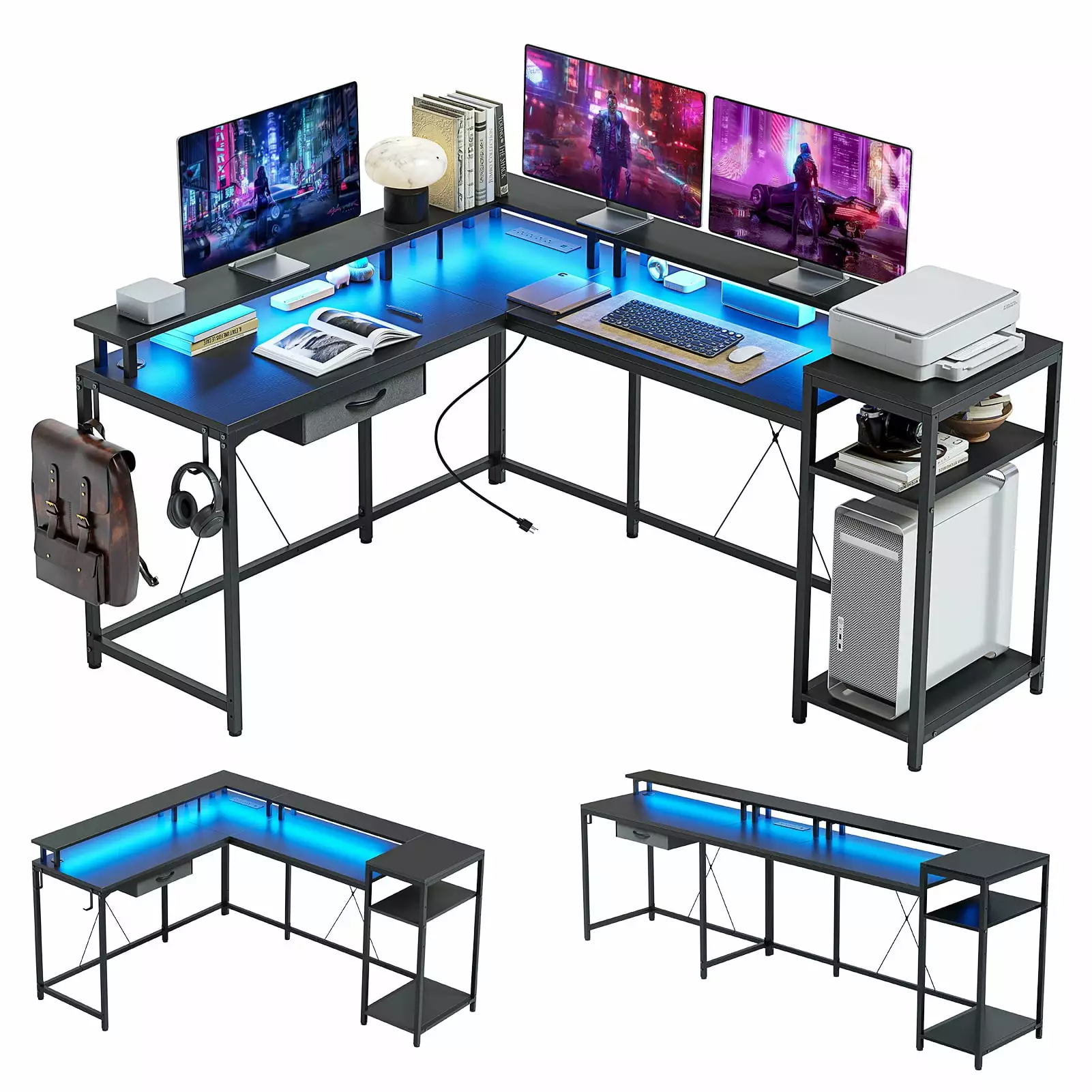 Yiwa L Shaped Gaming Desk LED Lights & Power Outlets - 68 Reversible Computer Desk Full Monitor Stand and Storage