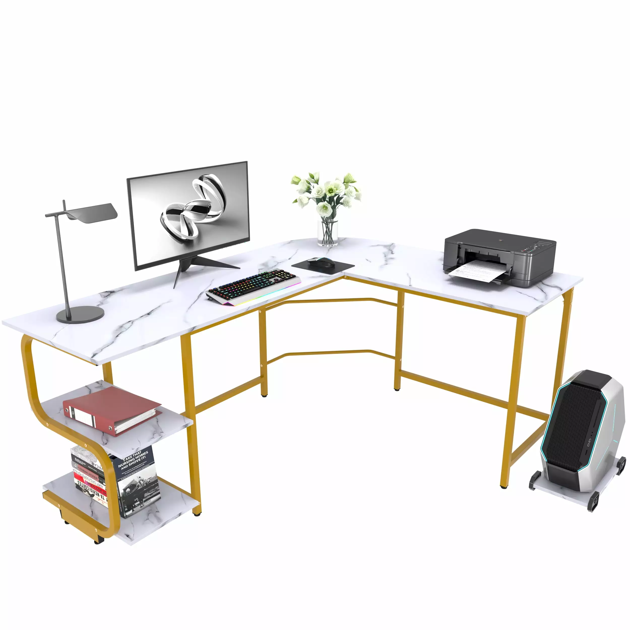 Yoneston Reversible L-Shaped Computer Desk 2-Tier Storage Shelves Home Office - Versatile Corner Desk