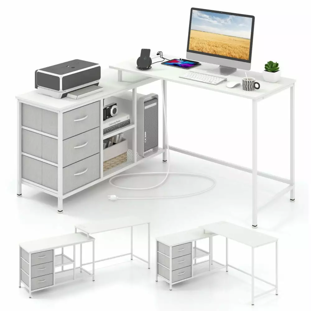 YYAo L-shaped Computer Desk Power Outlet Working Studying Gaming White