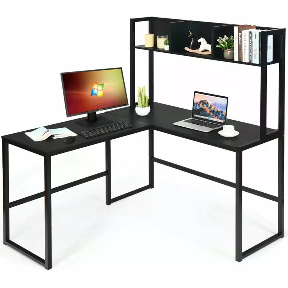 YYAo Sturdy Computer Workstation L-Shaped Corner Computer Desk Writing Table Storage Bookshelf Black Reversible