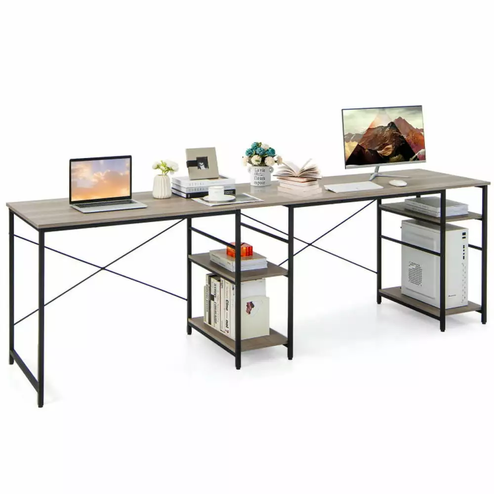 YYAo Sturdy Computer Workstation L-Shaped Corner Desk 4 Storage Shelves and Cable Holes Gray Writing Table