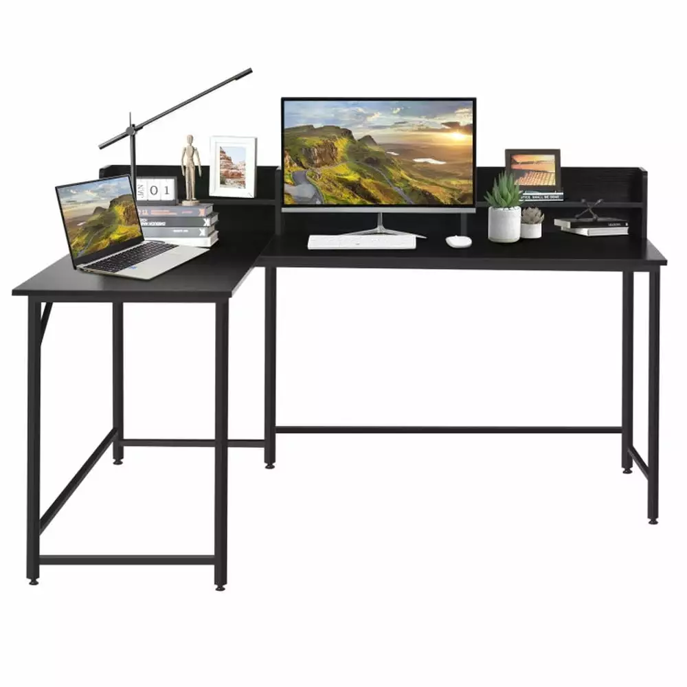 YYAo Sturdy Computer Workstation L-Shaped Corner Computer Desk Writing Table Bookshelf Black