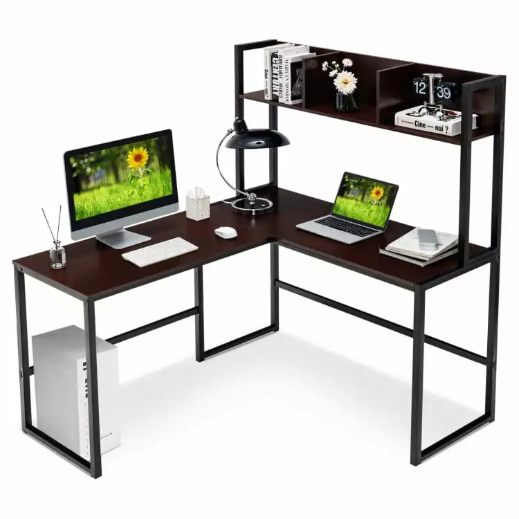 YYAo Sturdy Computer Workstation - Reversible L-Shaped Corner Desk Storage Bookshelf Dark Brown - Writing Table