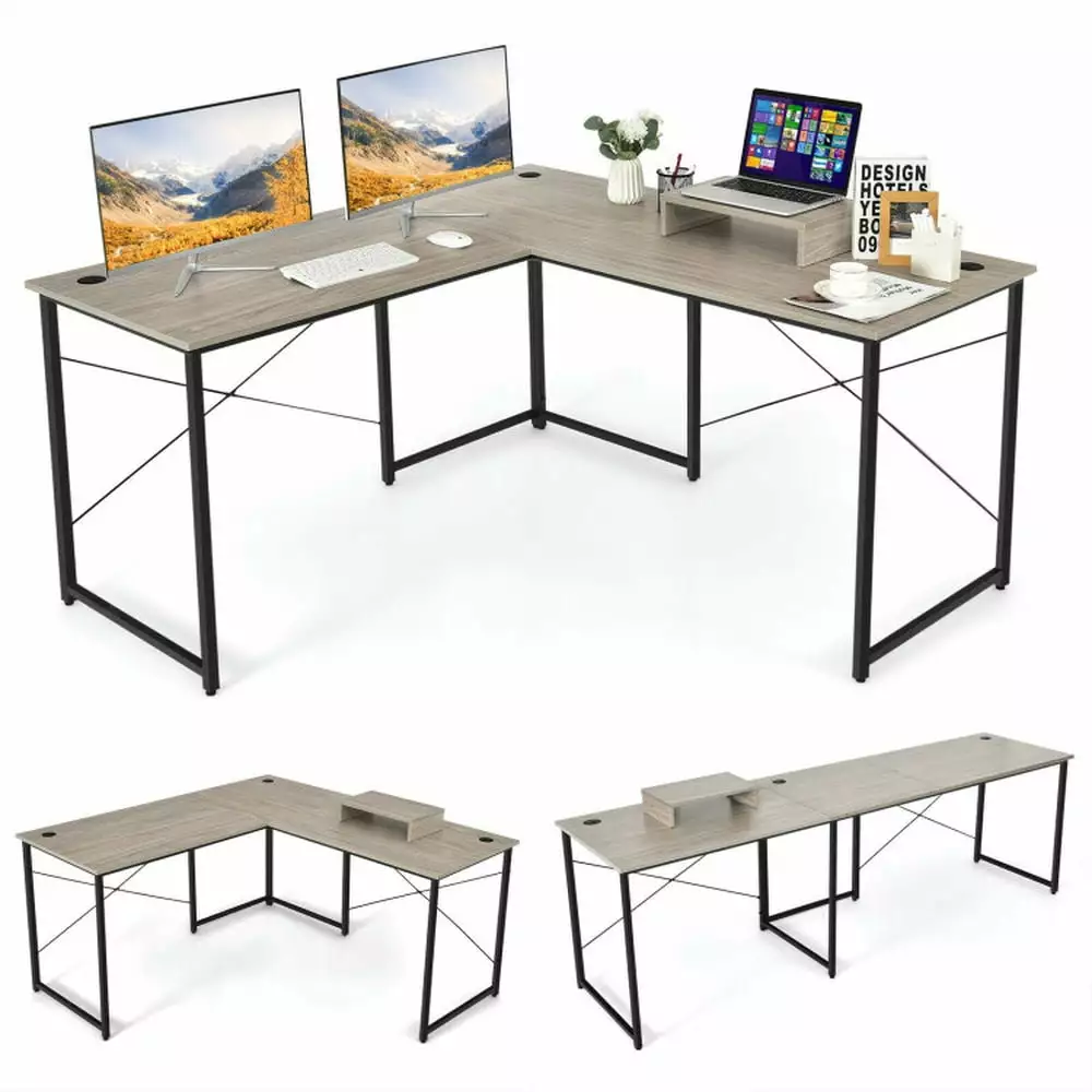 YYAo Sturdy L-Shaped Corner Computer Desk Monitor Stand 95 Inch 2-Person Reversible Writing Table Gray