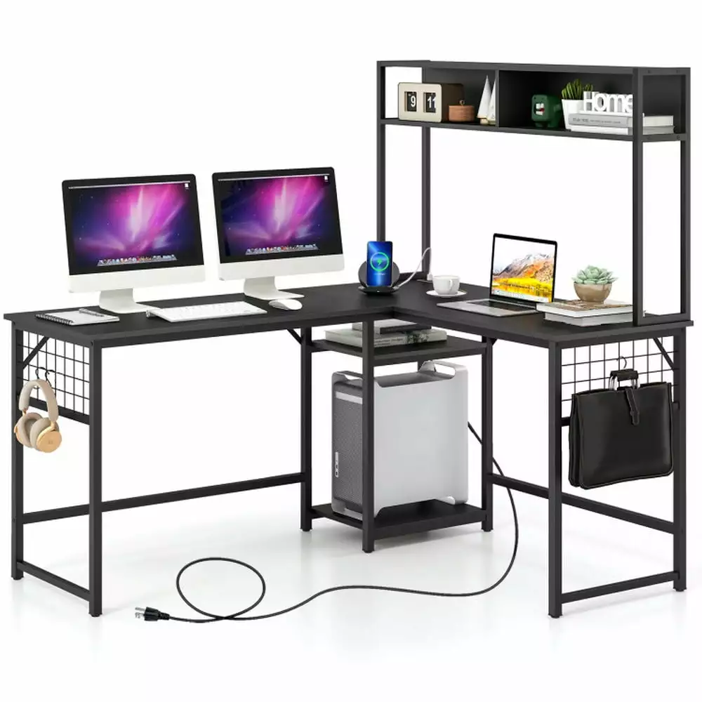 YYAo Sturdy L-Shaped Corner Computer Desk Power Outlet Hutch Black Writing Table